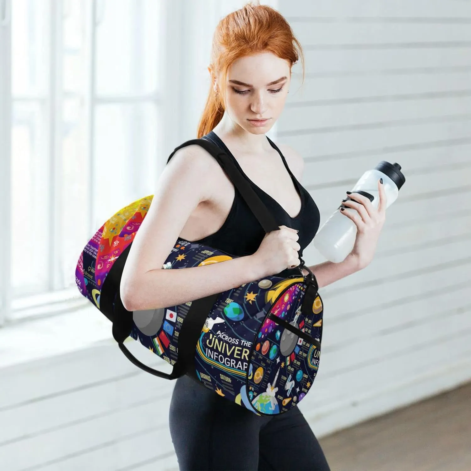 Cosmic Space Galaxy Planets Pluto Venus Mars Jupiter Duffel Bag, Foldable Canvas Travel Tote for Gym Sports with Inner Pockets, Durable Lightweight Fitness Bag for Overnight Workout