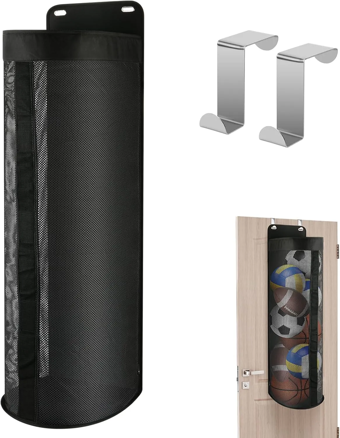 Cosmos Ball Storage Organizer Over Door Hanging Sports Equipment Storage Net Bag Home Garage Sports Accessories Hanging Bag for Holding Basketball Football Soccer Volleyball, with 2 Pcs Metal Hooks