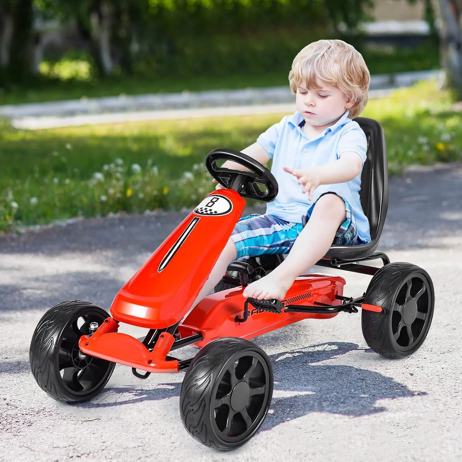 Costzon Pedal Go Kart, 4 Wheel Powered Ride On Toy, Pedal Car with Ergonomic Adjustable Seat, Handbrake, Non-Slip Rubber Wheels, Go Kart for Kids 2-5, Gift for Boys Girls (Red)