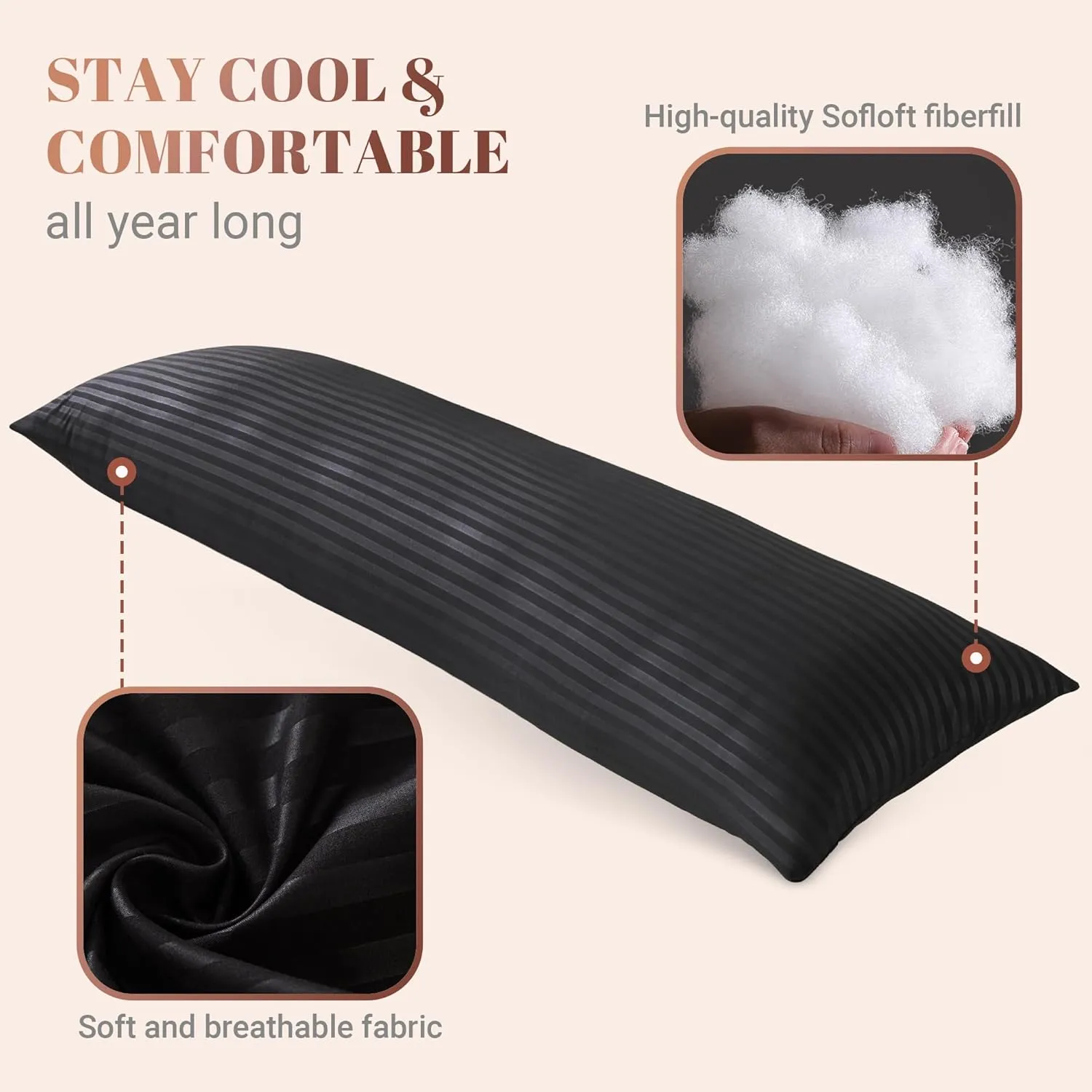 Cosybay Black Full Body Pillow Insert - Fluffy Long Bed Pillow for Adults - Firm Large Body Pillow for Side and Back Sleepers - 20x54 Inch(Black)