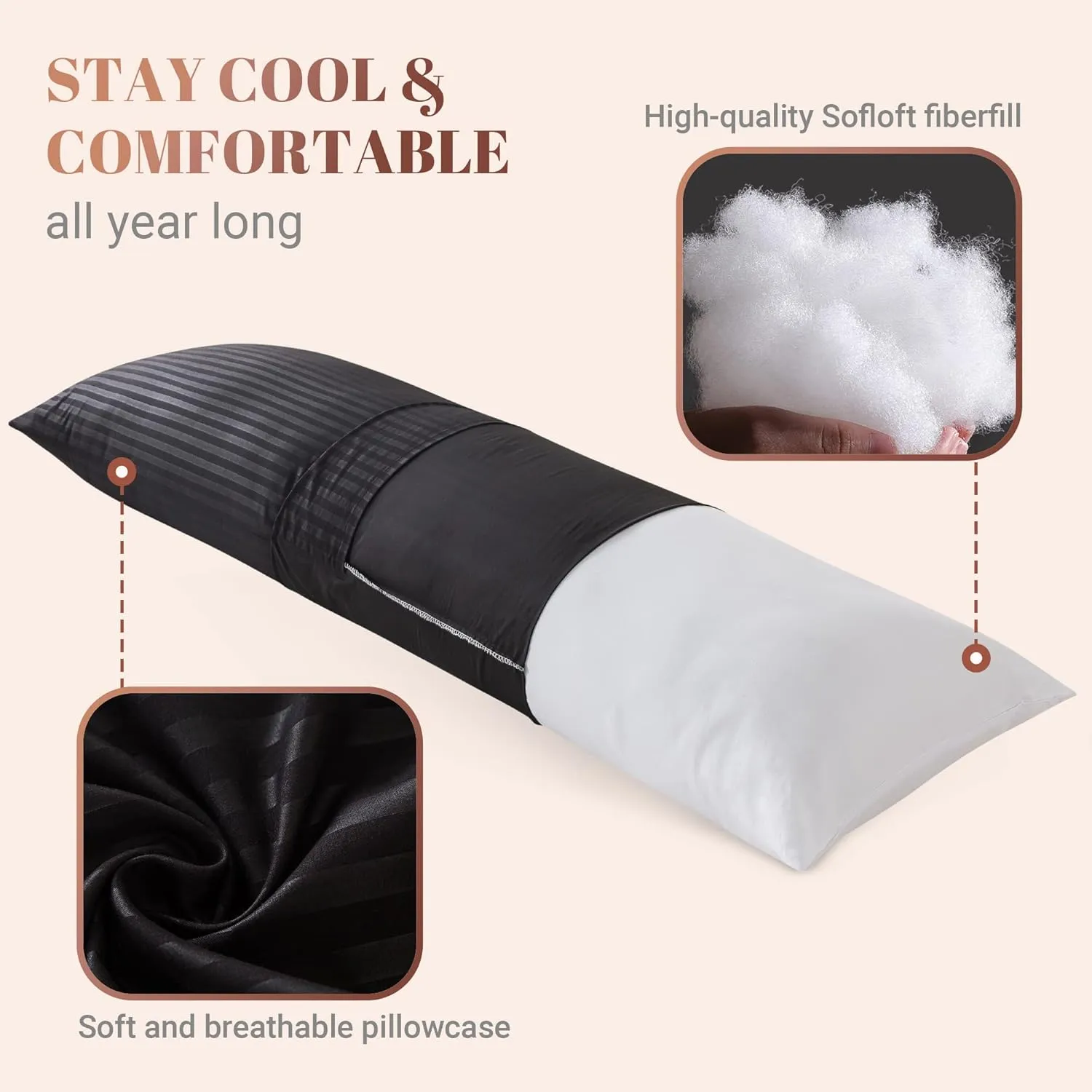 Cosybay Full Body Pillow Insert with Black Pillowcase - Fluffy Long Bed Pillow for Adults - Firm Large Body Pillow with Washable Cover for Side and Back Sleepers - 20x54 Inch(Black)