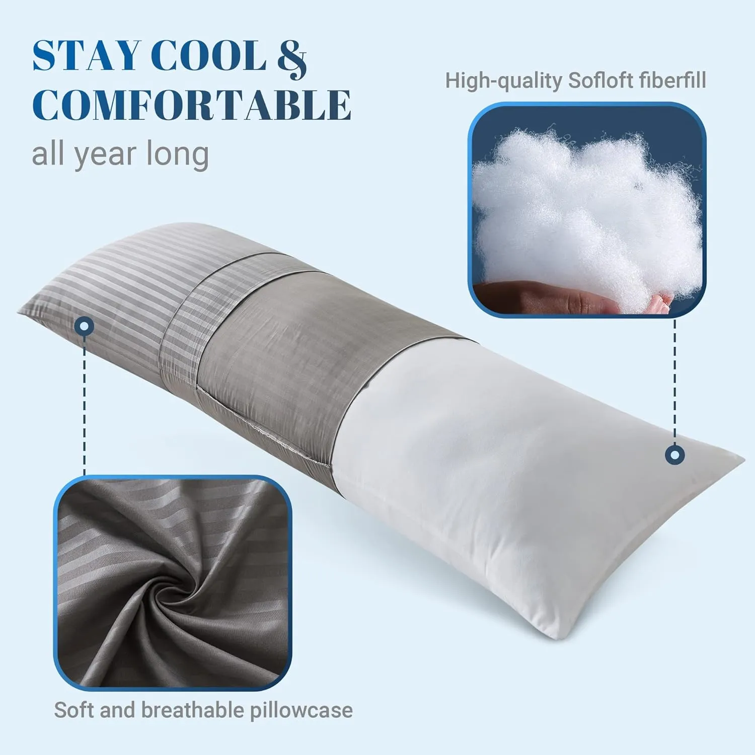 Cosybay Full Body Pillow Insert with Dark Grey Pillowcase - Fluffy Long Bed Pillow for Adults - Firm Large Body Pillow with Washable Cover for Side and Back Sleepers - 20x54 Inch(Dark Grey)