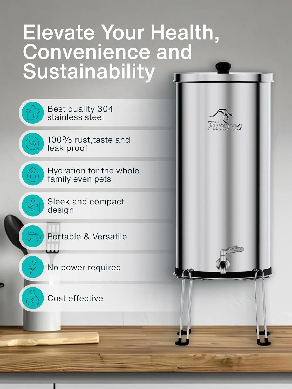 Countertop Gravity Water Filter System - 5.28 Gal/20L | 304 Stainless Steel | Gravity-Fed Water Purifier with 2 Fluoride & Chlorine Reduction Cermaic Cartridges | Also Removes Bacteria & Heavy Metals
