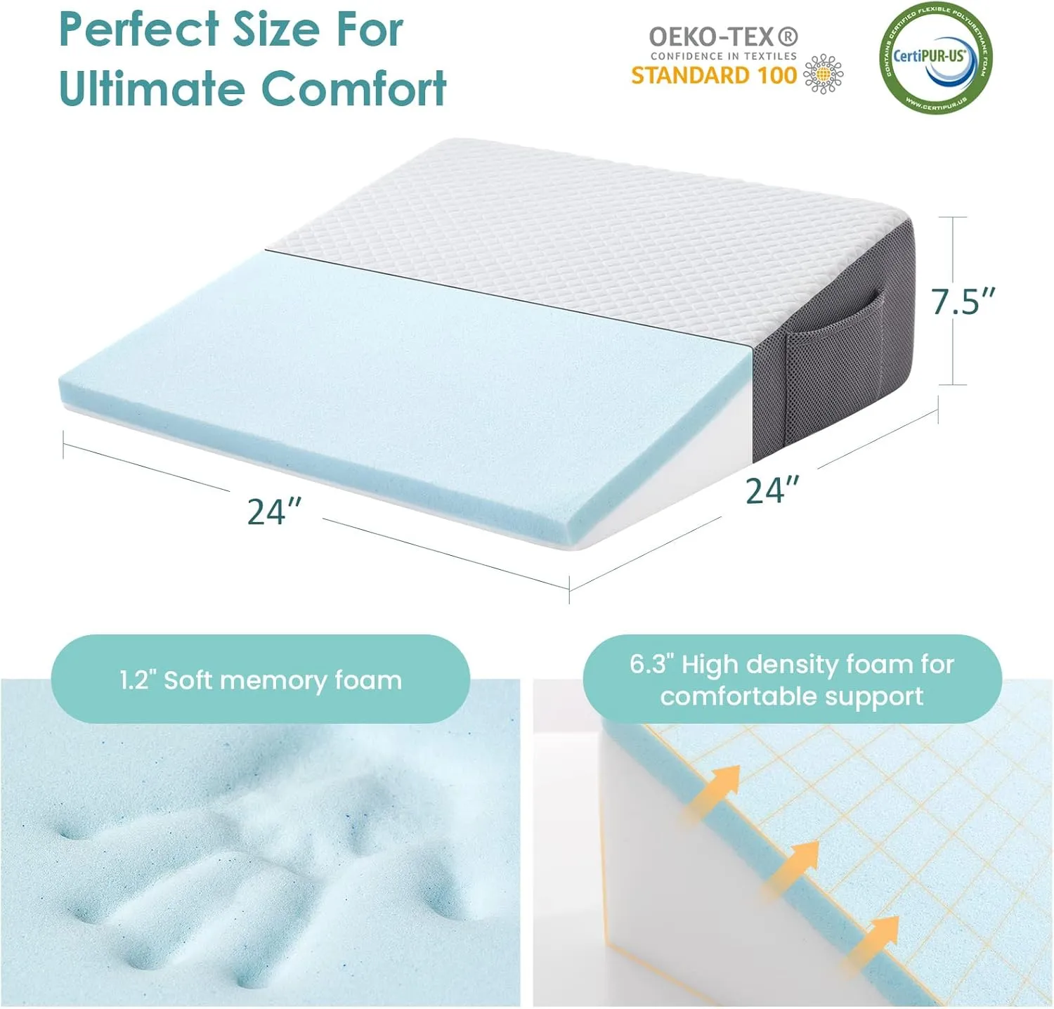 Cozymaker 7.5" Bed Wedge Pillow for Sleeping After Surgery, Back Support, Leg Elevation, Gerd Acid Reflux, Neck Pain, Snoring, Cooling Memory Foam Triangle Incline Wedge, Removable Washable Cover