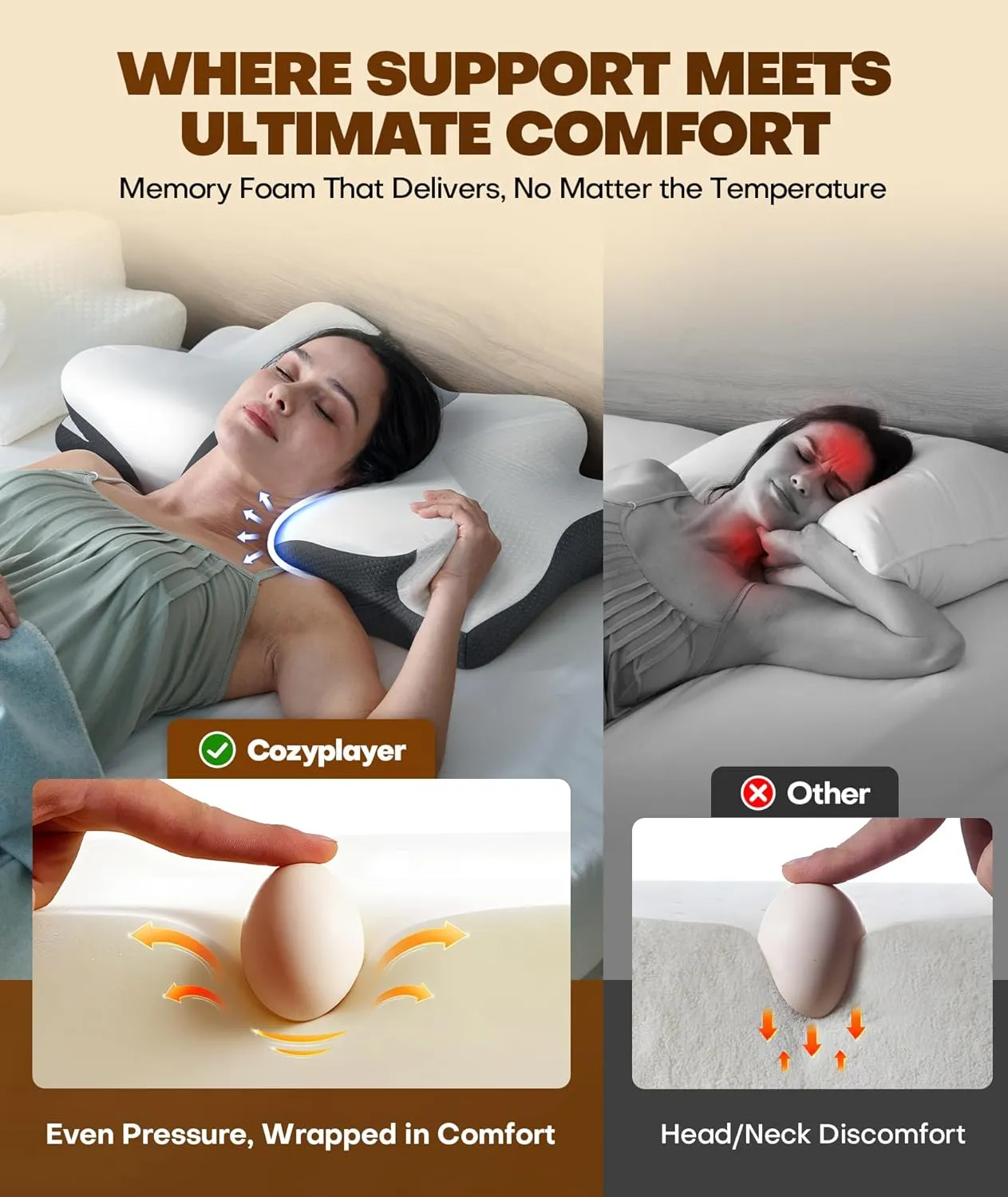 Cozyplayer True Cooling Cervical Neck Pillow for Pain Relief, Ergonomic Side Sleeper Pillow for Neck Support, Odorless Orthopedic Contour Memory Foam Pillows, Bed Pillow for Back Stomach Sleeper