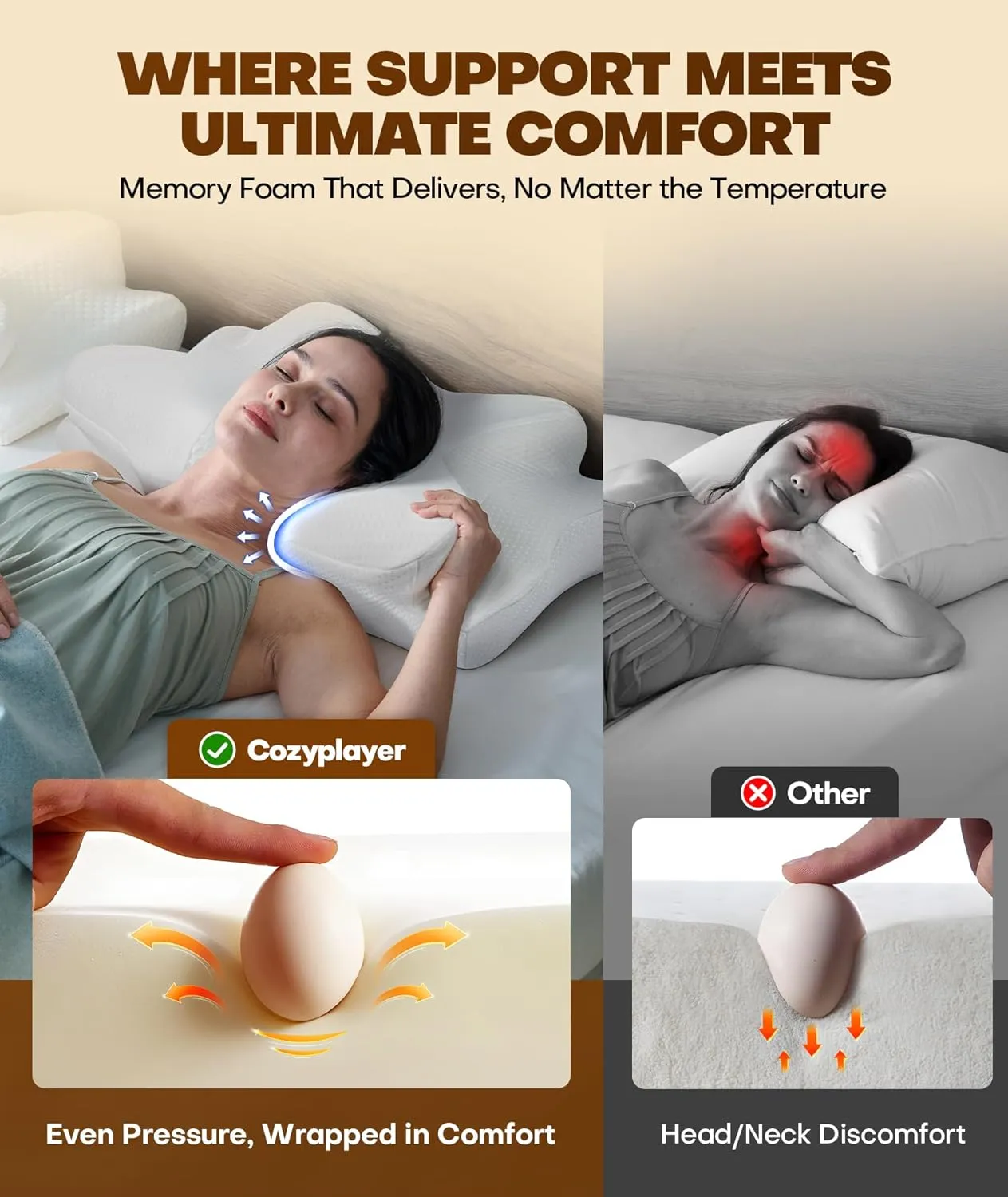 Cozyplayer True Cooling Cervical Neck Pillow for Pain Relief, Ergonomic Side Sleeper Pillow for Neck Support, Odorless Orthopedic Contour Memory Foam Pillows, Bed Pillow for Back Stomach Sleeper
