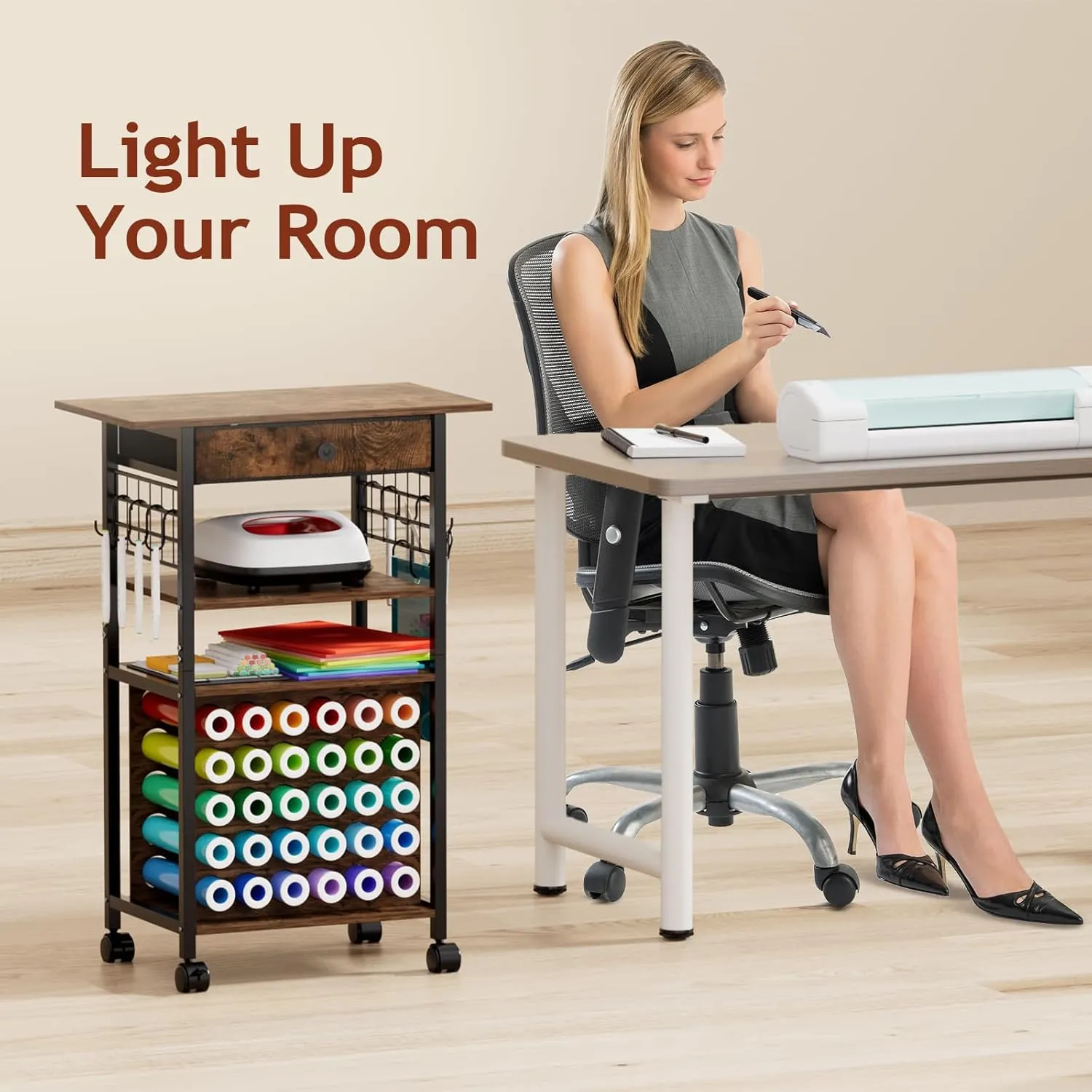 Craft Organizers and Storage - Rolling Organization Cart with Drawers and Vinyl Roll Holder, Craft Cabinet Table Compatible for Cricut Craft Cutting Machine Stand Workstation