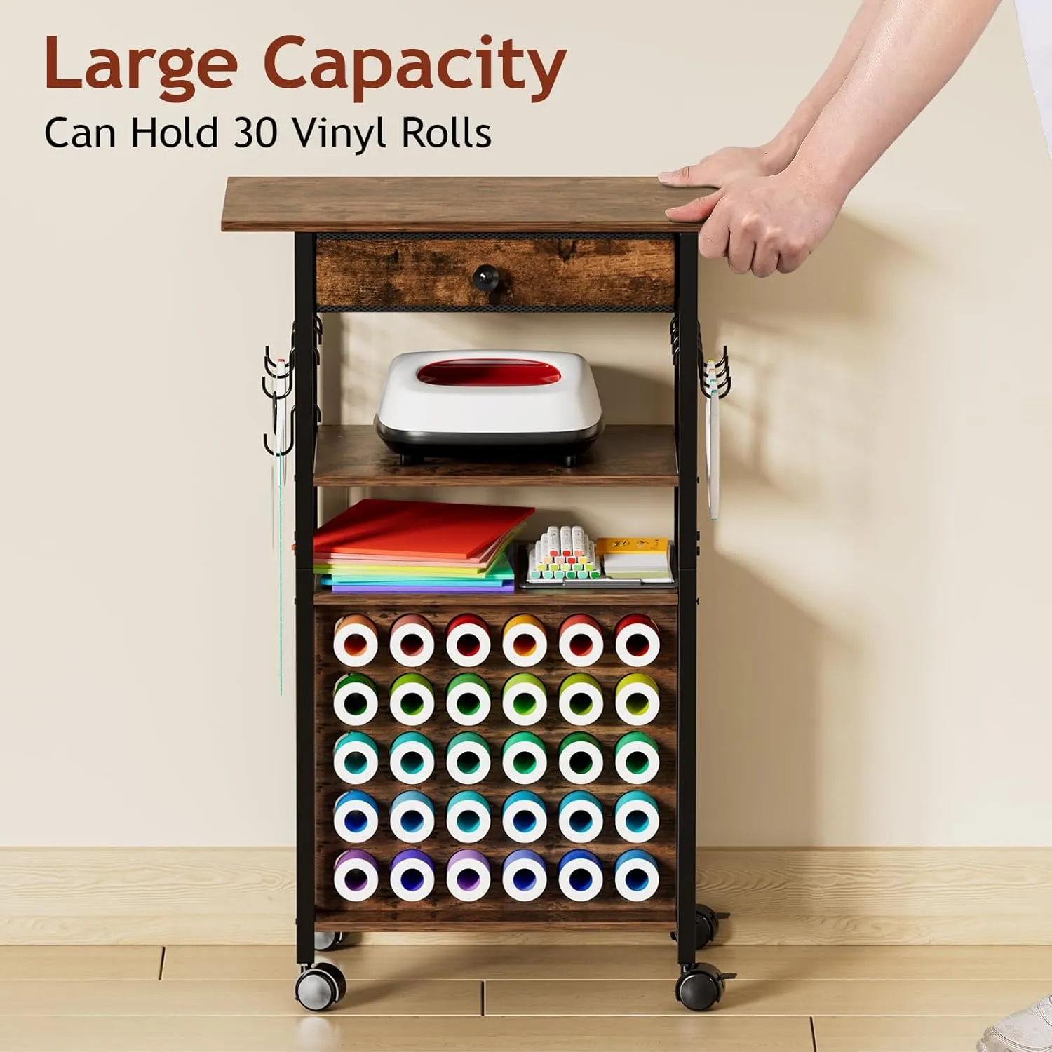 Craft Organizers and Storage - Rolling Organization Cart with Drawers and Vinyl Roll Holder, Craft Cabinet Table Compatible for Cricut Craft Cutting Machine Stand Workstation