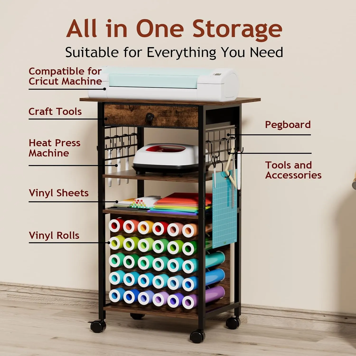 Craft Organizers and Storage - Rolling Organization Cart with Drawers and Vinyl Roll Holder, Craft Cabinet Table Compatible for Cricut Craft Cutting Machine Stand Workstation