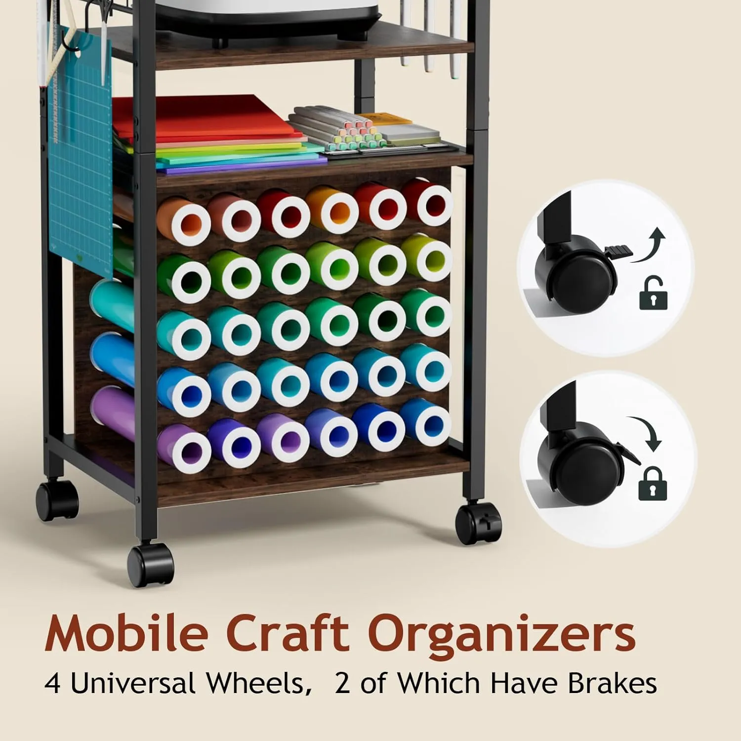 Craft Organizers and Storage - Rolling Organization Cart with Drawers and Vinyl Roll Holder, Craft Cabinet Table Compatible for Cricut Craft Cutting Machine Stand Workstation