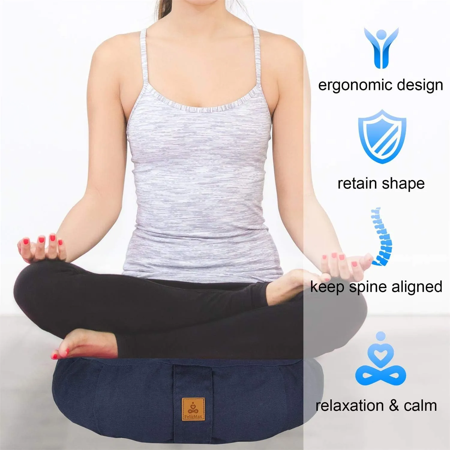 Crescent Zafu Meditation Pillow, D=17" W=11" H=5.5" Zabuton Yoga Bolster, Meditation Cushion, Floor Pouf Yoga Pillow Zippered Organic Cotton Cover Natural Buckwheat kneeling pillow - Large
