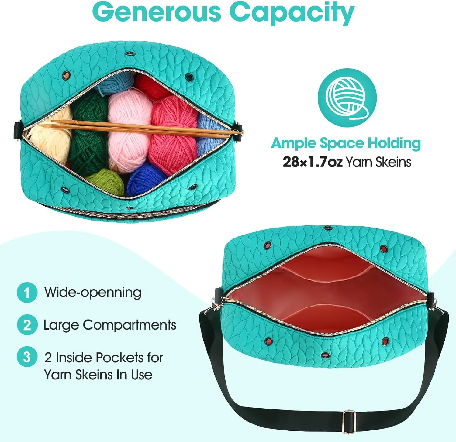 Crochet Bag Organizer, Large Yarn Bag,Yarn Knitting Tool Storage Organizer,Yarn Holder for Crochet Needles Accessories,Knitting Tools Gifts(Large,Aqua)