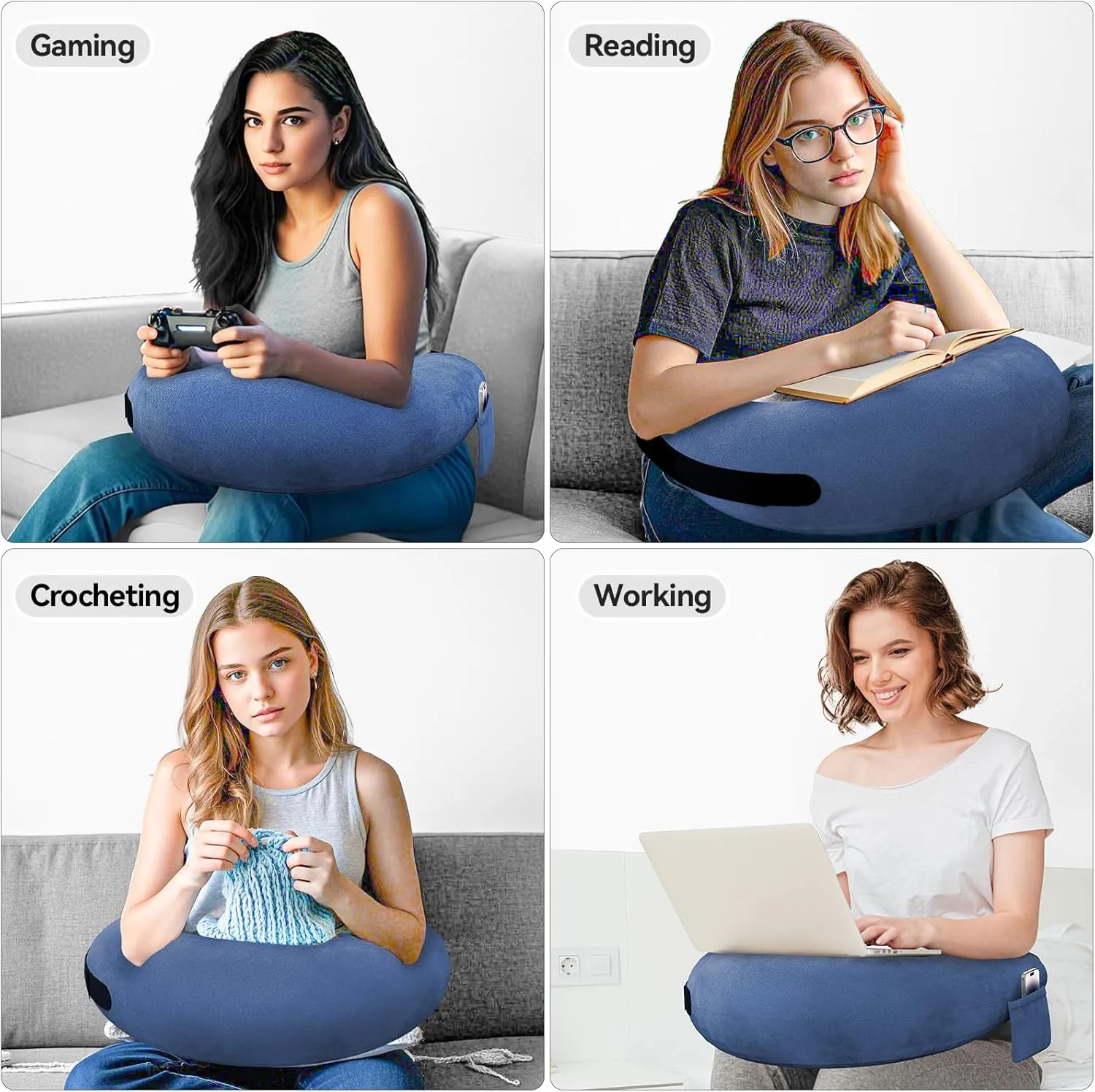 Crochet Pillow for Lap Support, Gaming & Reading Lap Desk Pillow for Sitting on The Bed/Sofa/Floor, Large & Ergonomic Arm Rest Support Pillows, Knitting Pillows, Pet Bed Support for Ipad/Laptop - Blue