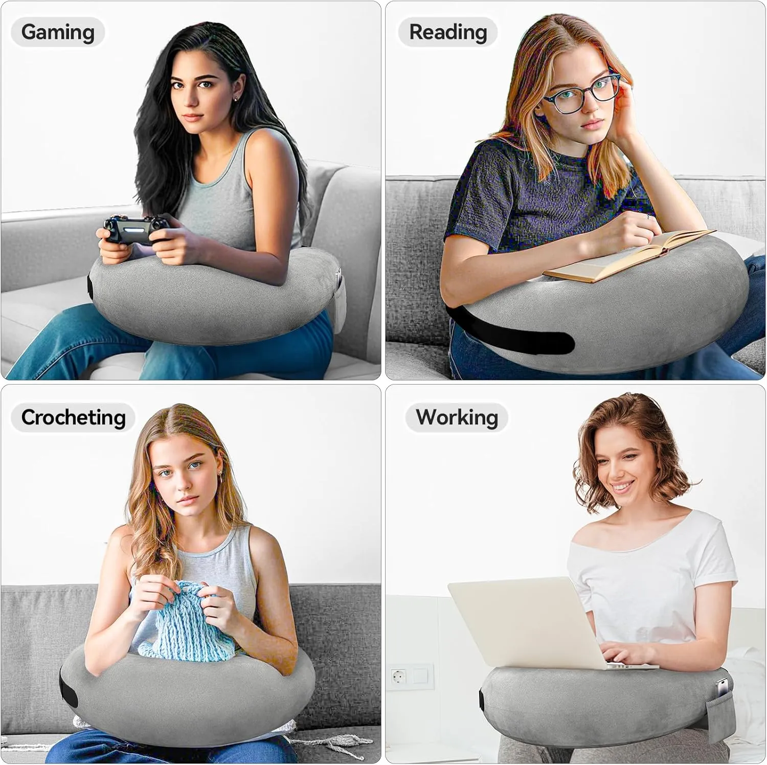 Crochet Pillow for Lap Support, Gaming & Reading Lap Desk Pillow for Sitting on The Bed/Sofa/Floor, Large & Ergonomic Arm Rest Support Pillows, Knitting Pillows, Pet Bed Support for Ipad/Laptop - Grey