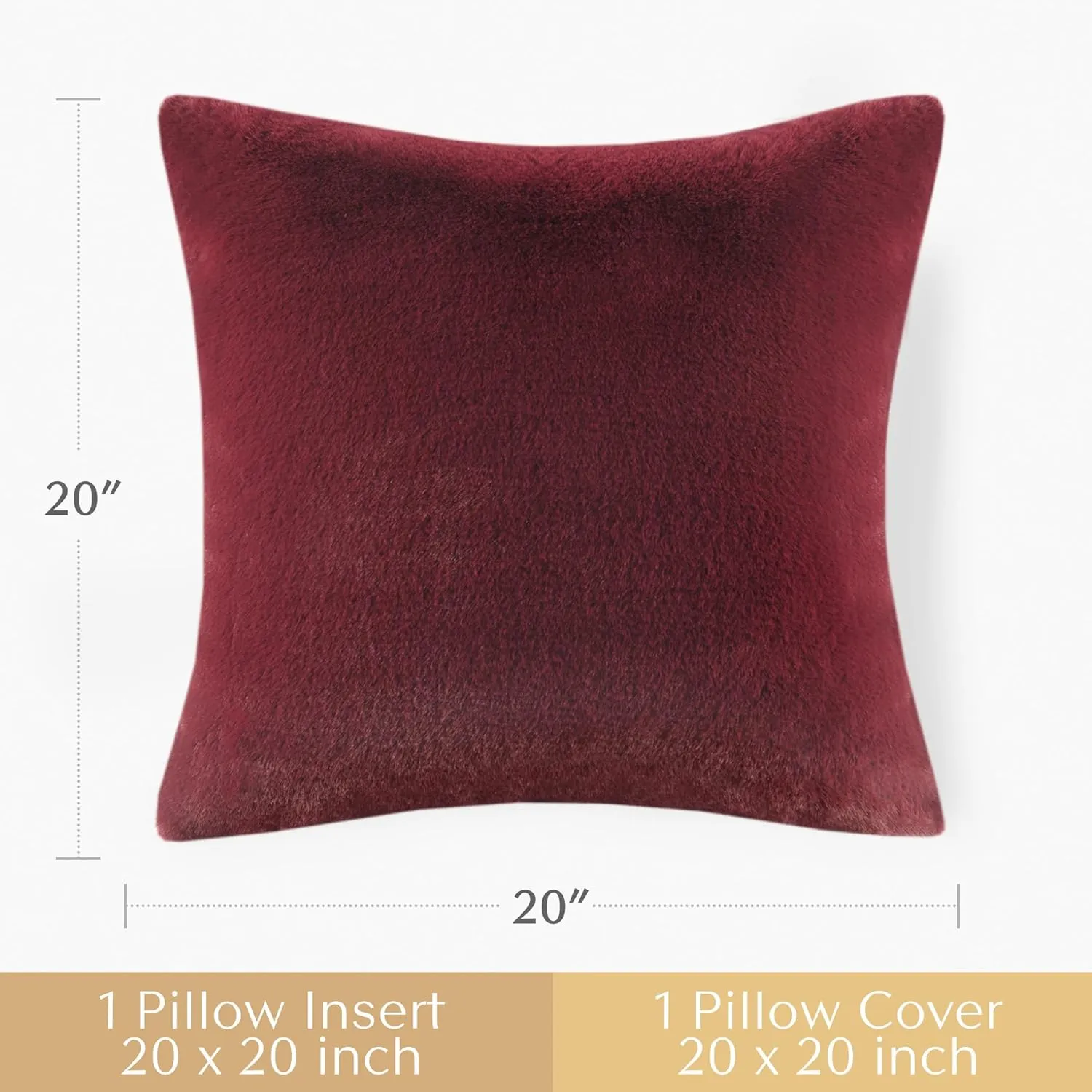 Croscill Décor Pillow, Luxurious Long Faux Fur Plush Removable Cover with Brand Insignia Zipper, All Season & Skin Friendly Poly Filling Décor Pillow Insert, Sable, Square, 20x20, Burgundy