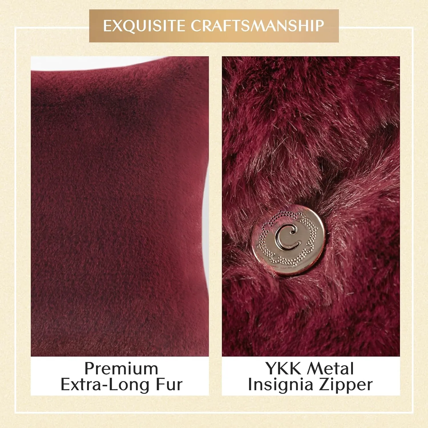 Croscill Décor Pillow, Luxurious Long Faux Fur Plush Removable Cover with Brand Insignia Zipper, All Season & Skin Friendly Poly Filling Décor Pillow Insert, Sable, Square, 20x20, Burgundy