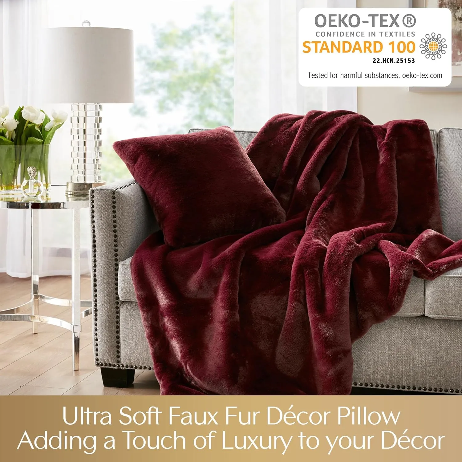 Croscill Décor Pillow, Luxurious Long Faux Fur Plush Removable Cover with Brand Insignia Zipper, All Season & Skin Friendly Poly Filling Décor Pillow Insert, Sable, Square, 20x20, Burgundy