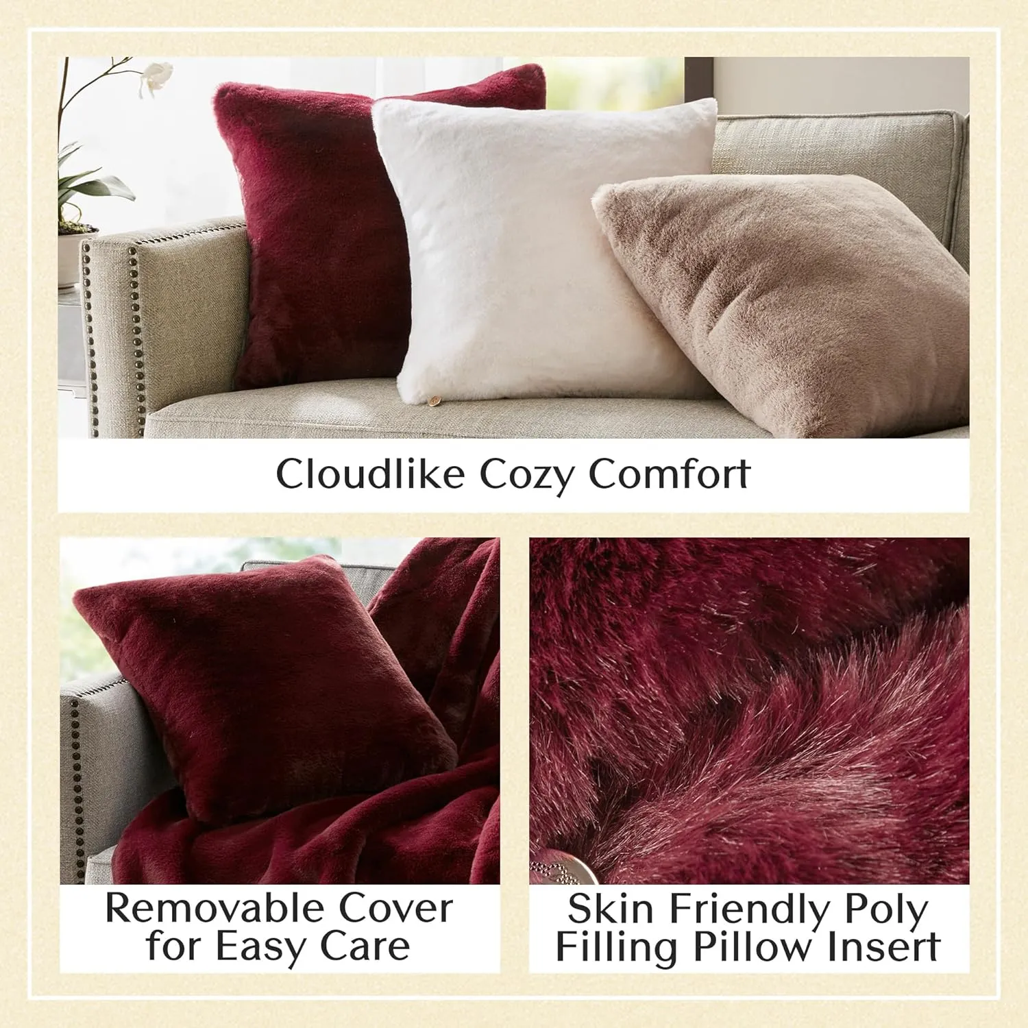 Croscill Décor Pillow, Luxurious Long Faux Fur Plush Removable Cover with Brand Insignia Zipper, All Season & Skin Friendly Poly Filling Décor Pillow Insert, Sable, Square, 20x20, Burgundy