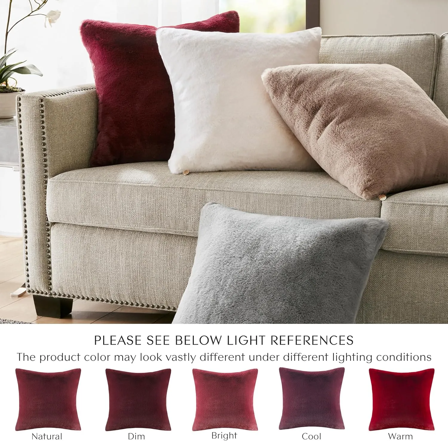 Croscill Décor Pillow, Luxurious Long Faux Fur Plush Removable Cover with Brand Insignia Zipper, All Season & Skin Friendly Poly Filling Décor Pillow Insert, Sable, Square, 20x20, Burgundy
