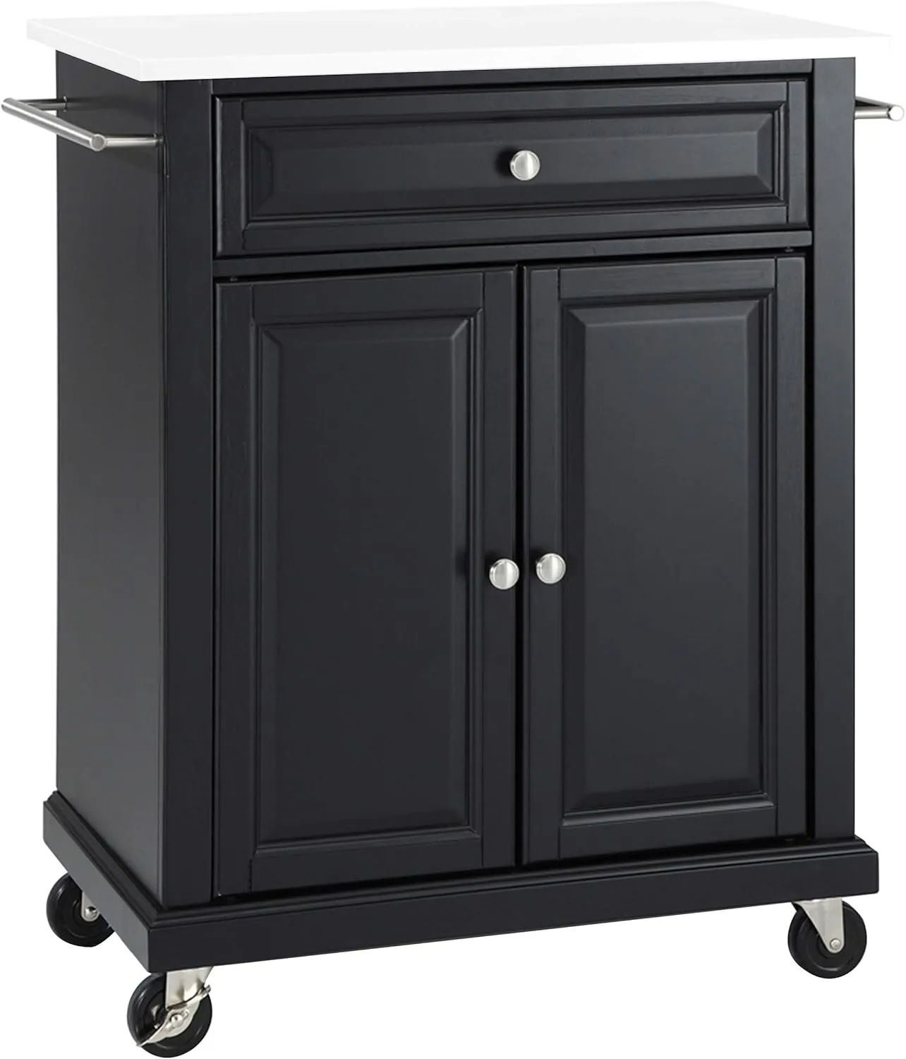 Crosley Furniture Compact Stone Top Small Rolling Cart with Shelves, Microwave Stand with Towel Rack, Black
