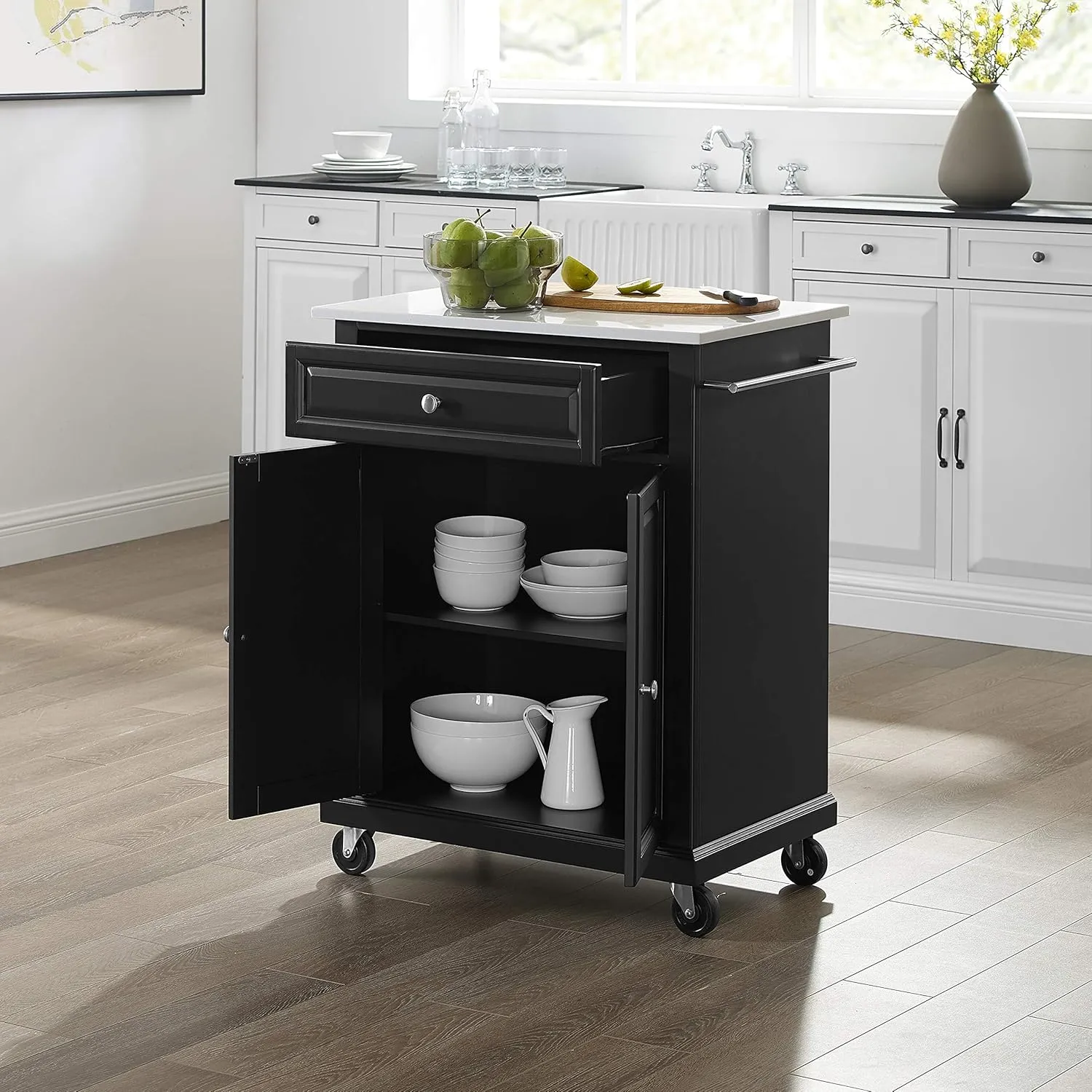 Crosley Furniture Compact Stone Top Small Rolling Cart with Shelves, Microwave Stand with Towel Rack, Black