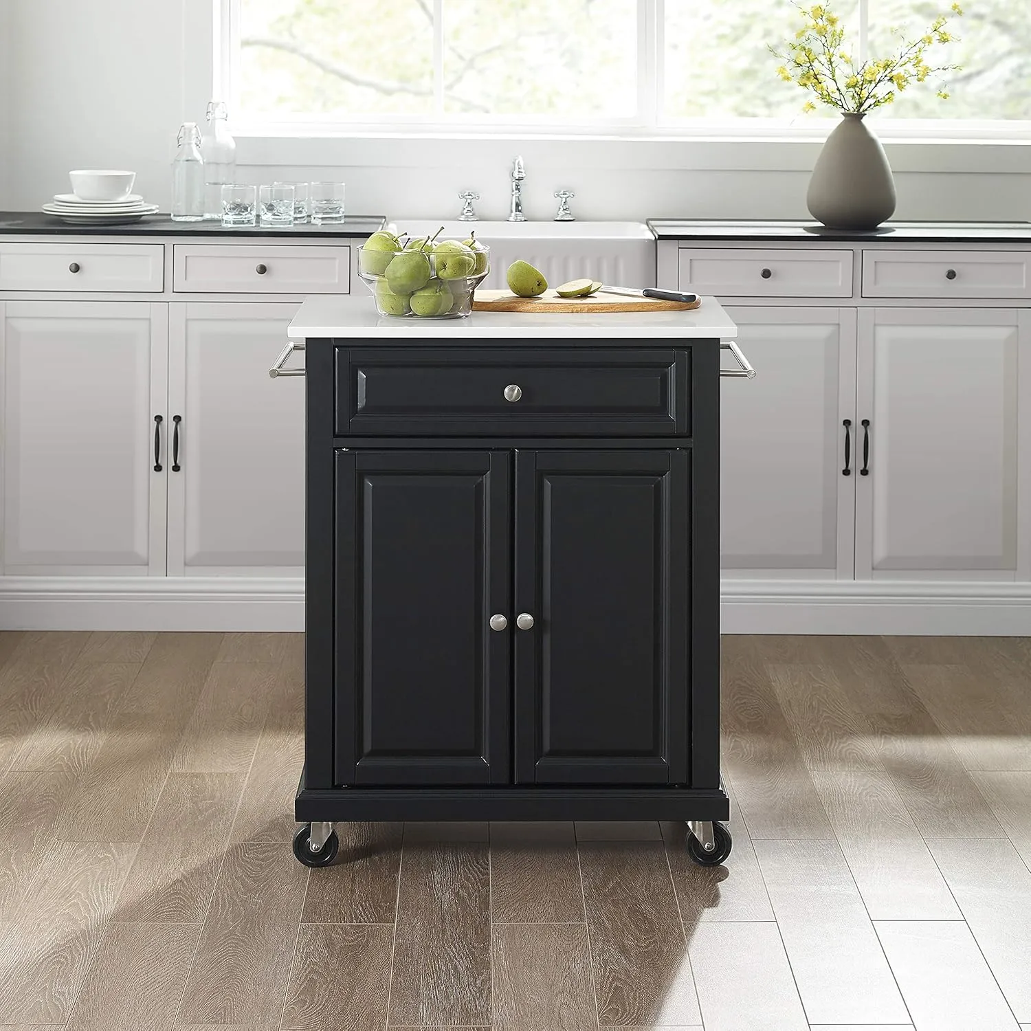 Crosley Furniture Compact Stone Top Small Rolling Cart with Shelves, Microwave Stand with Towel Rack, Black