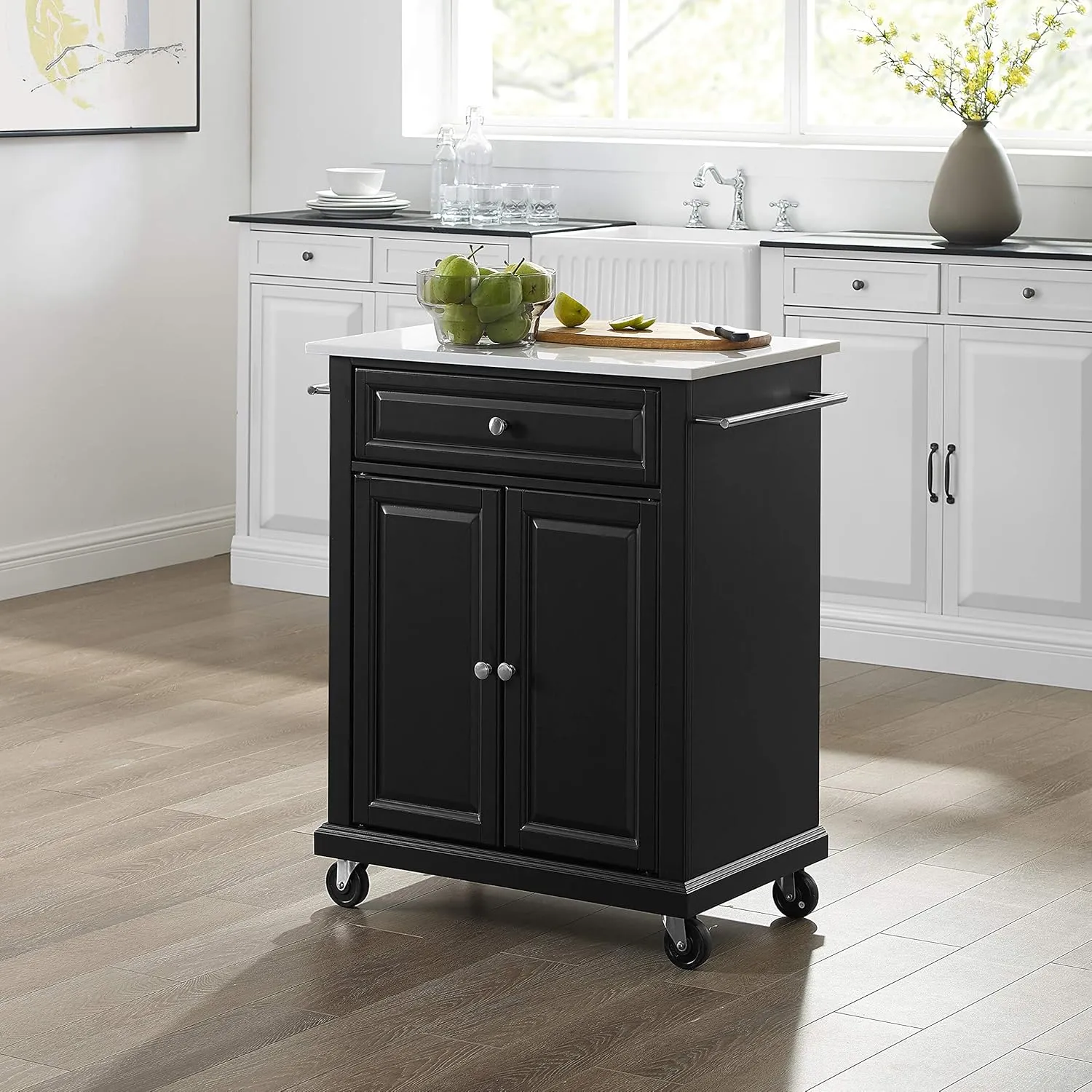 Crosley Furniture Compact Stone Top Small Rolling Cart with Shelves, Microwave Stand with Towel Rack, Black
