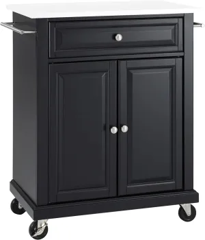 Crosley Furniture Compact Stone Top Small Rolling Cart with Shelves, Microwave Stand with Towel Rack, Black