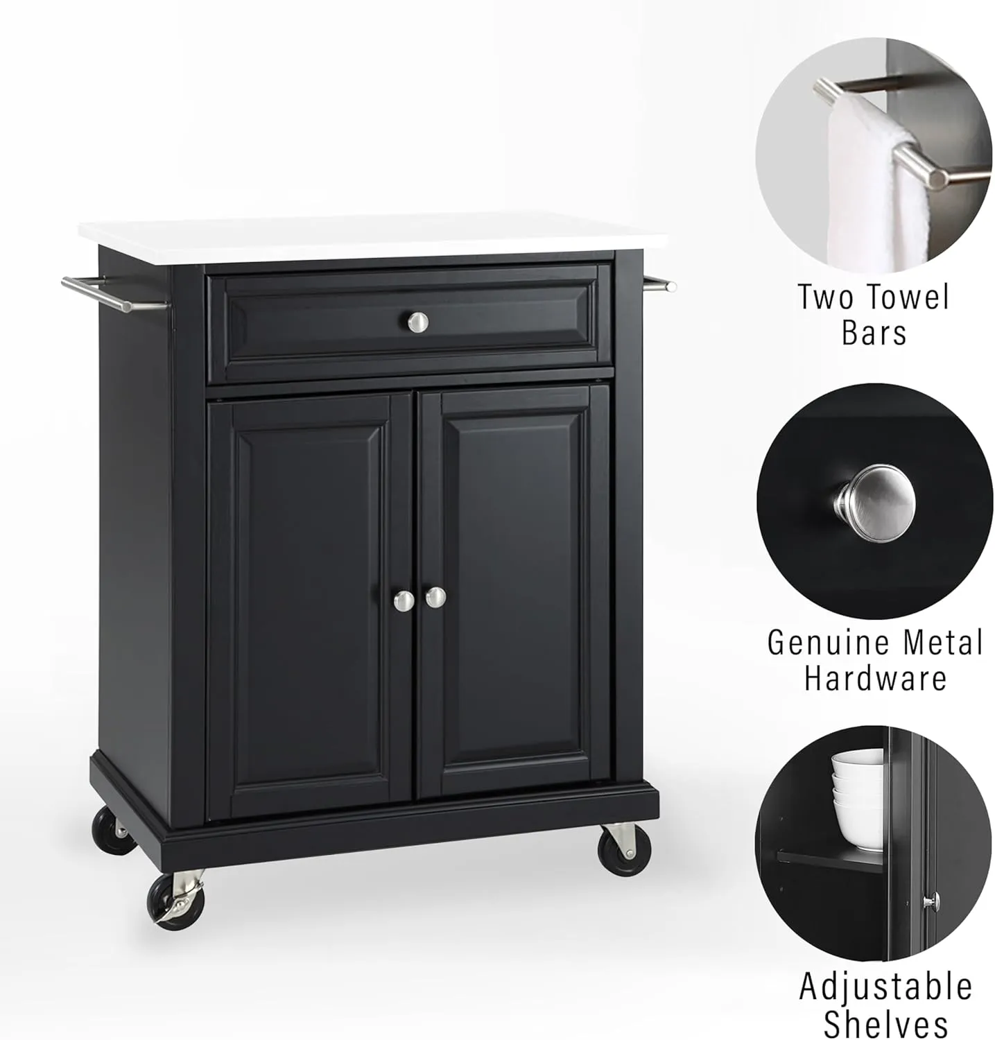 Crosley Furniture Compact Stone Top Small Rolling Cart with Shelves, Microwave Stand with Towel Rack, Black