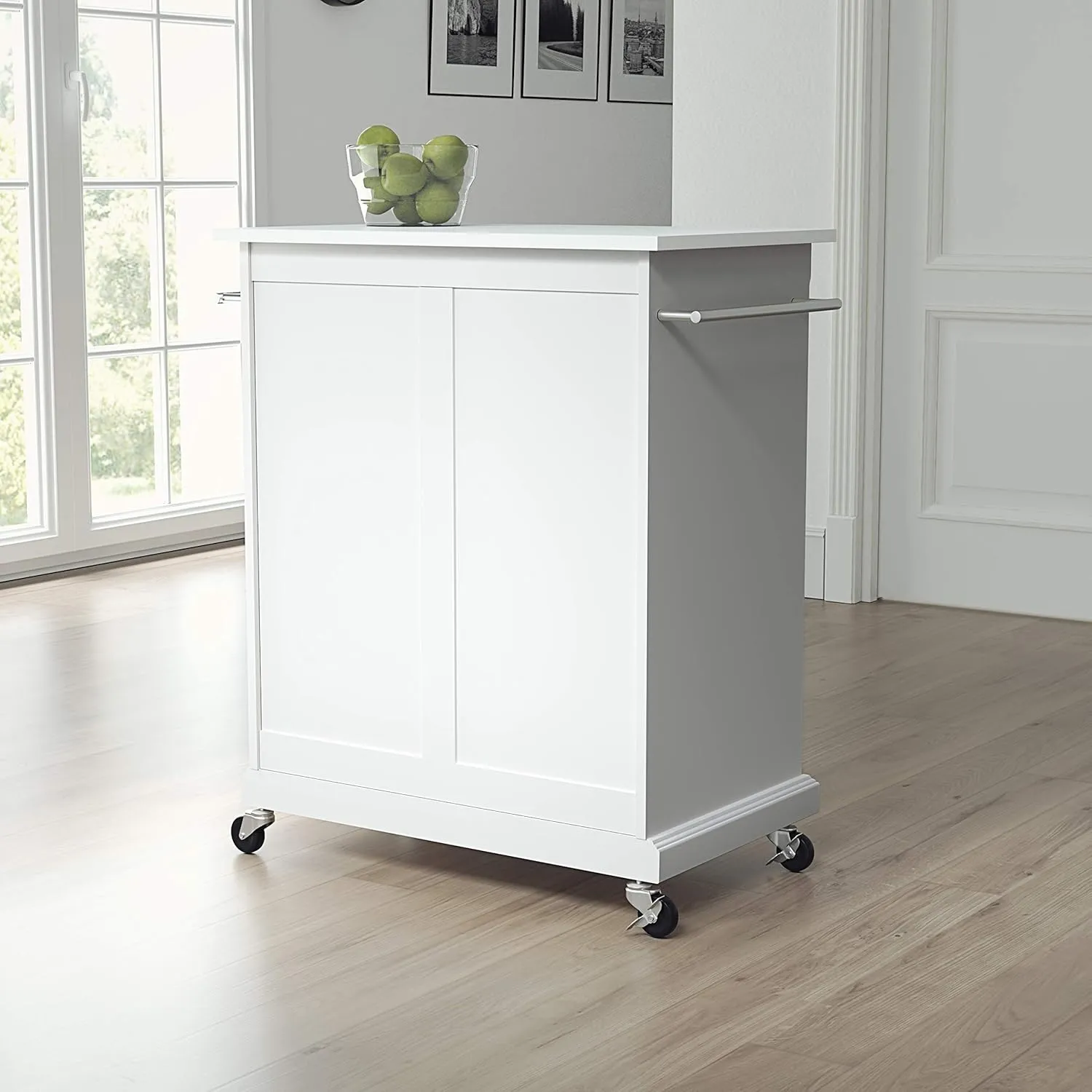 Crosley Furniture Compact Stone Top Small Rolling Cart with Shelves, Microwave Stand with Towel Rack, White