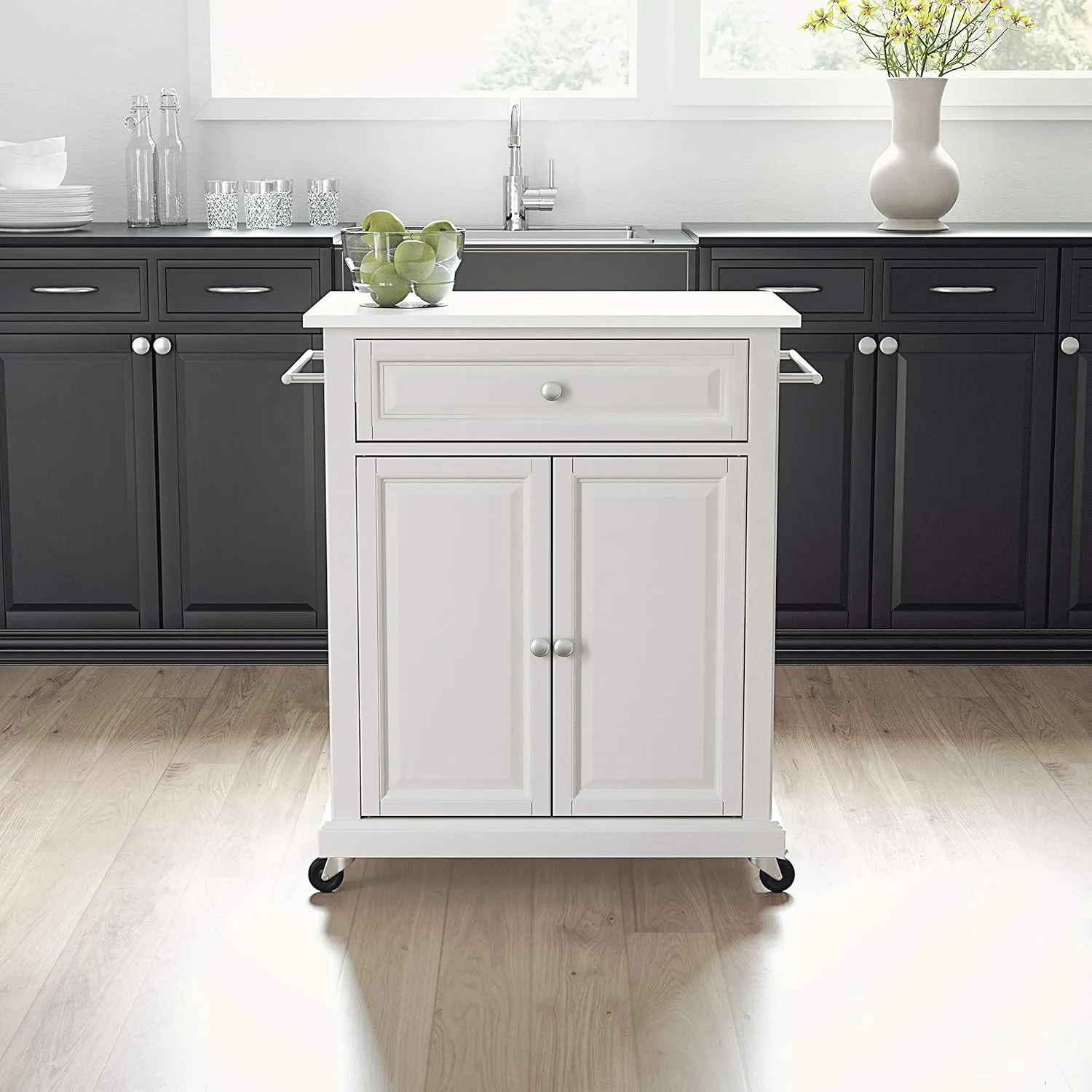 Crosley Furniture Compact Stone Top Small Rolling Cart with Shelves, Microwave Stand with Towel Rack, White