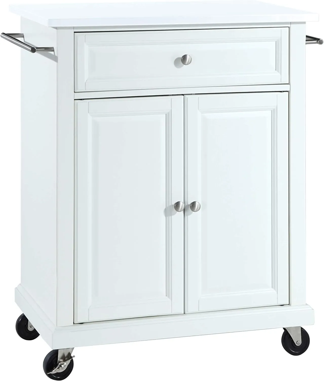 Crosley Furniture Compact Stone Top Small Rolling Cart with Shelves, Microwave Stand with Towel Rack, White