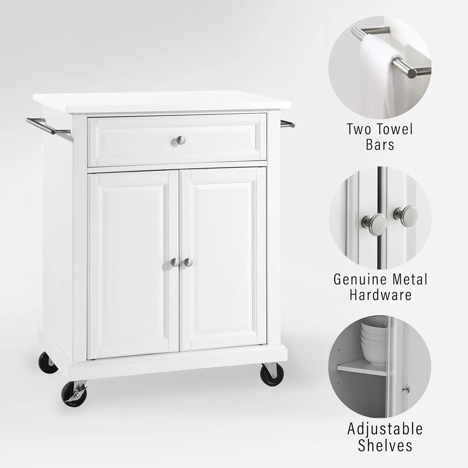 Crosley Furniture Compact Stone Top Small Rolling Cart with Shelves, Microwave Stand with Towel Rack, White