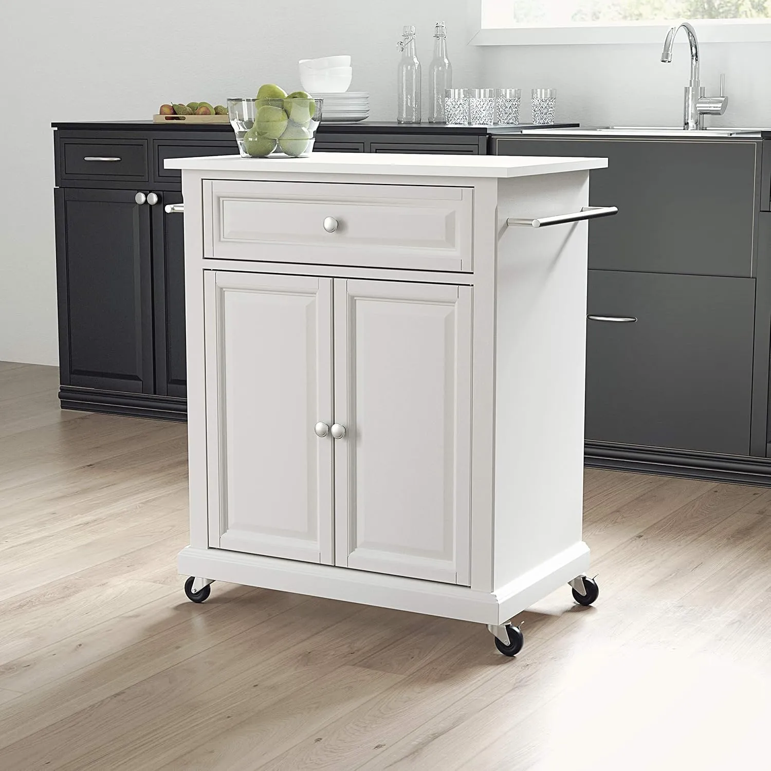 Crosley Furniture Compact Stone Top Small Rolling Cart with Shelves, Microwave Stand with Towel Rack, White