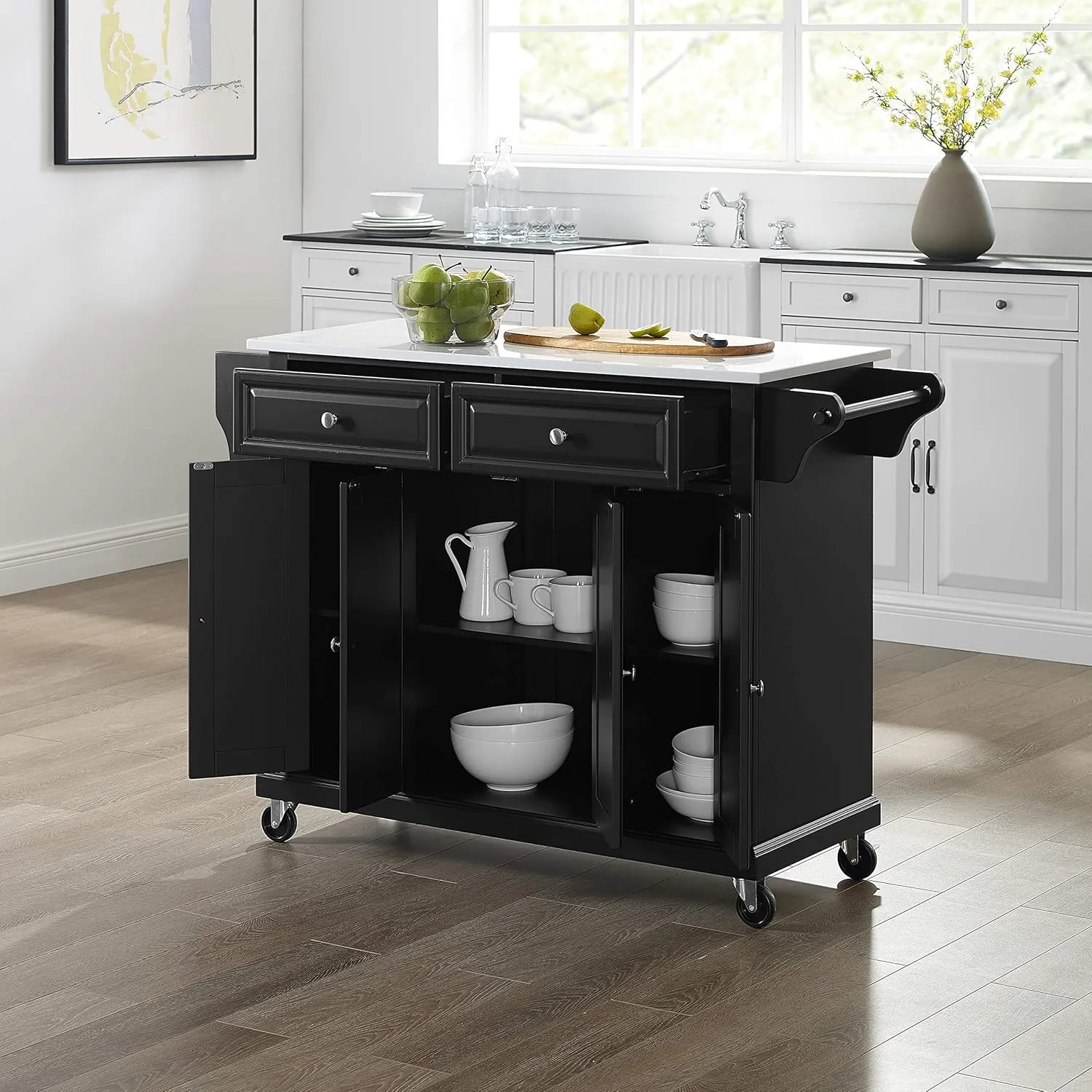 Crosley Furniture Full Size Stone Top Rolling Kitchen Island Storage Cart, Microwave Stand, Spice Rack, Black