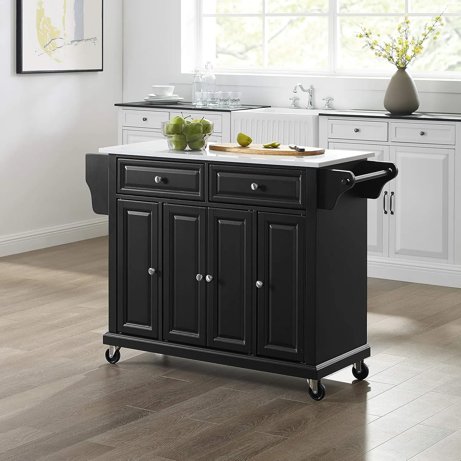 Crosley Furniture Full Size Stone Top Rolling Kitchen Island Storage Cart, Microwave Stand, Spice Rack, Black