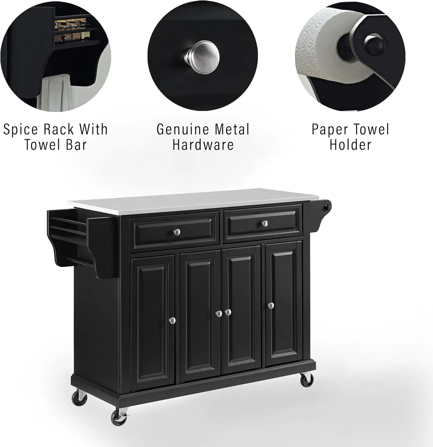 Crosley Furniture Full Size Stone Top Rolling Kitchen Island Storage Cart, Microwave Stand, Spice Rack, Black