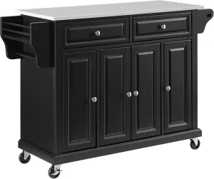 Crosley Furniture Full Size Stone Top Rolling Kitchen Island Storage Cart, Microwave Stand, Spice Rack, Black
