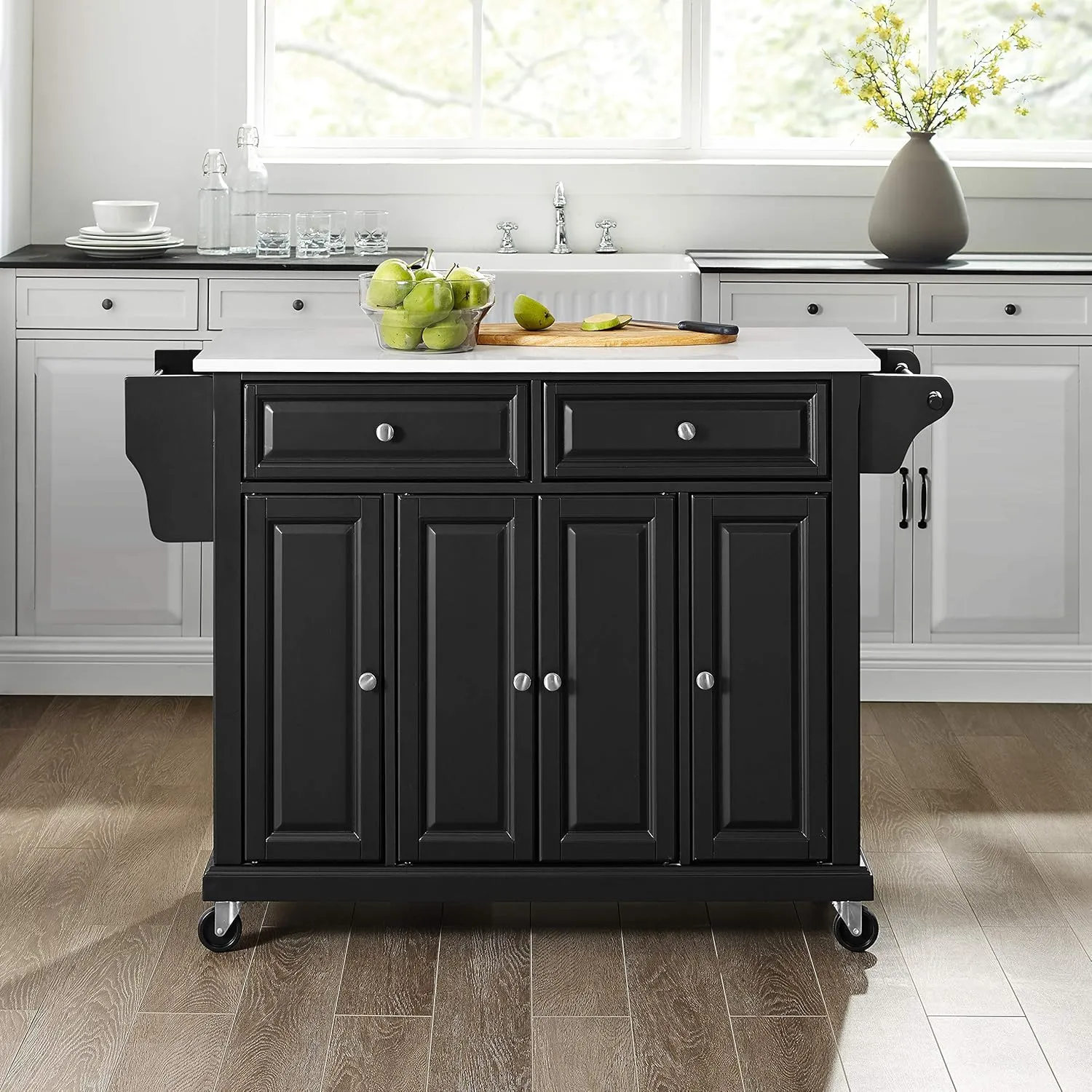Crosley Furniture Full Size Stone Top Rolling Kitchen Island Storage Cart, Microwave Stand, Spice Rack, Black