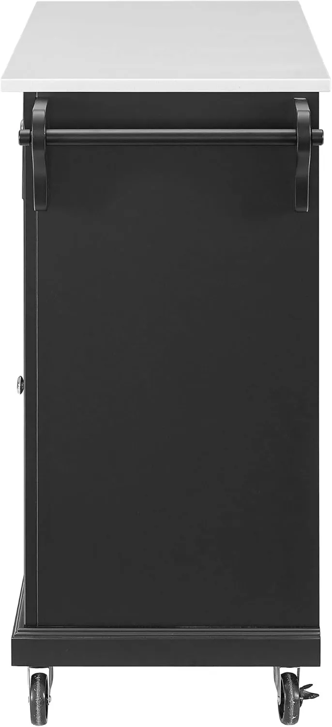 Crosley Furniture Full Size Stone Top Rolling Kitchen Island Storage Cart, Microwave Stand, Spice Rack, Black
