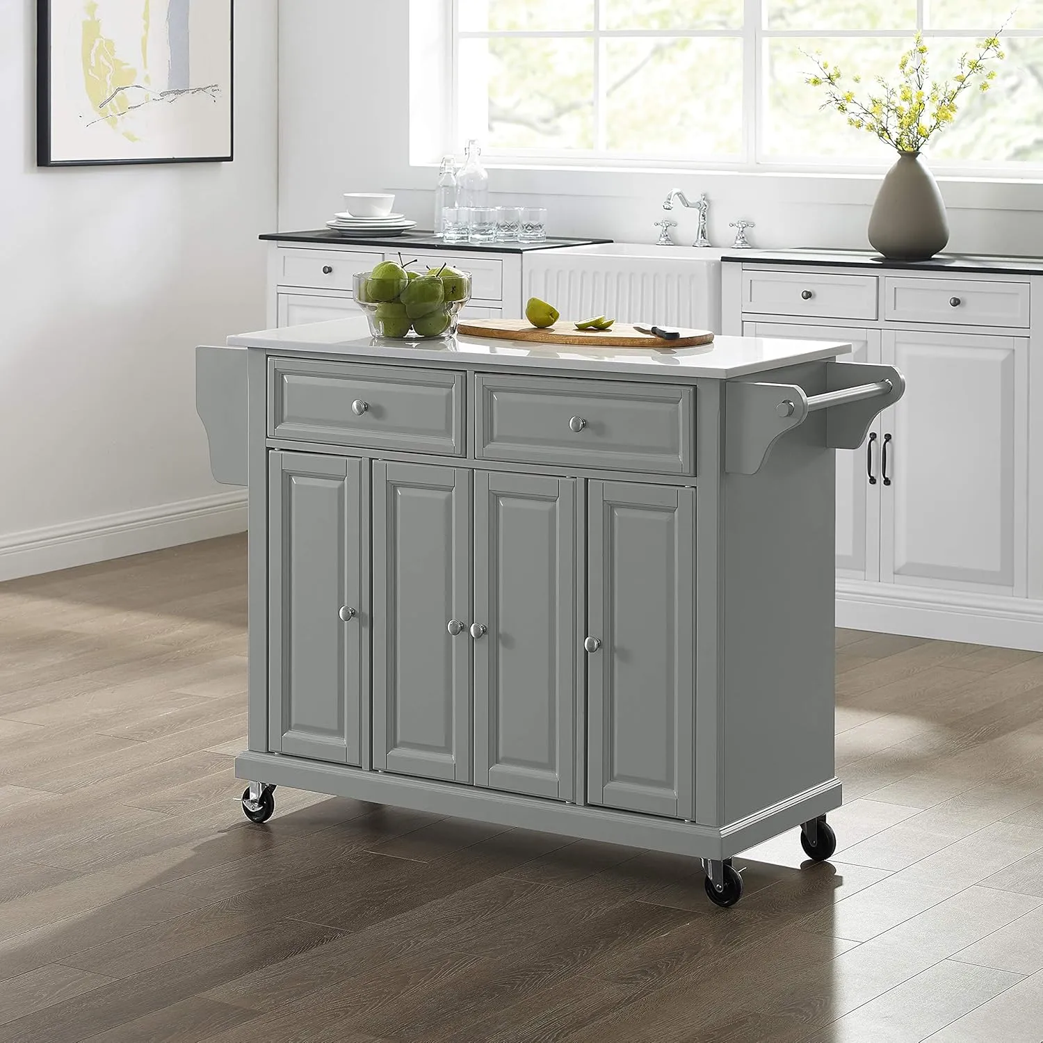 Crosley Furniture Full Size Stone Top Rolling Kitchen Island Storage Cart, Microwave Stand, Spice Rack, Gray