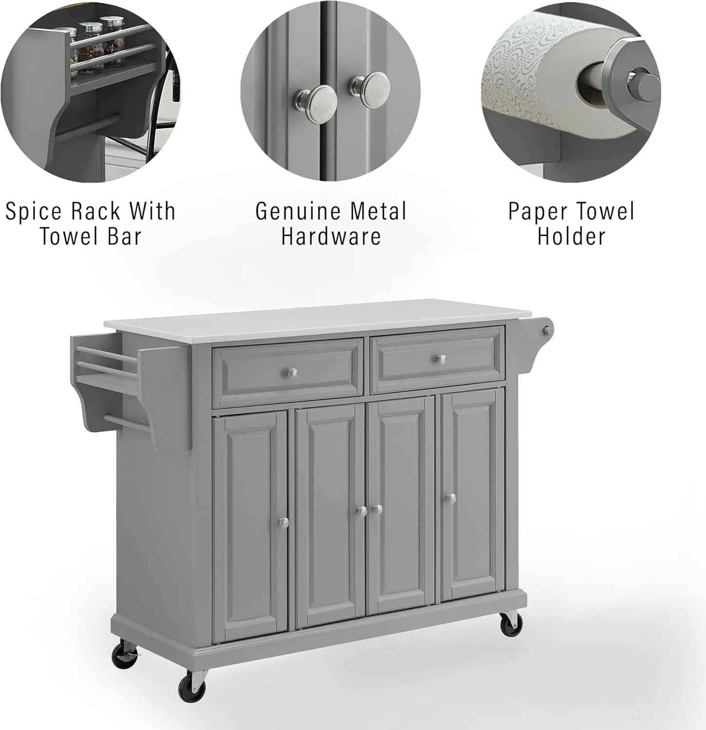 Crosley Furniture Full Size Stone Top Rolling Kitchen Island Storage Cart, Microwave Stand, Spice Rack, Gray