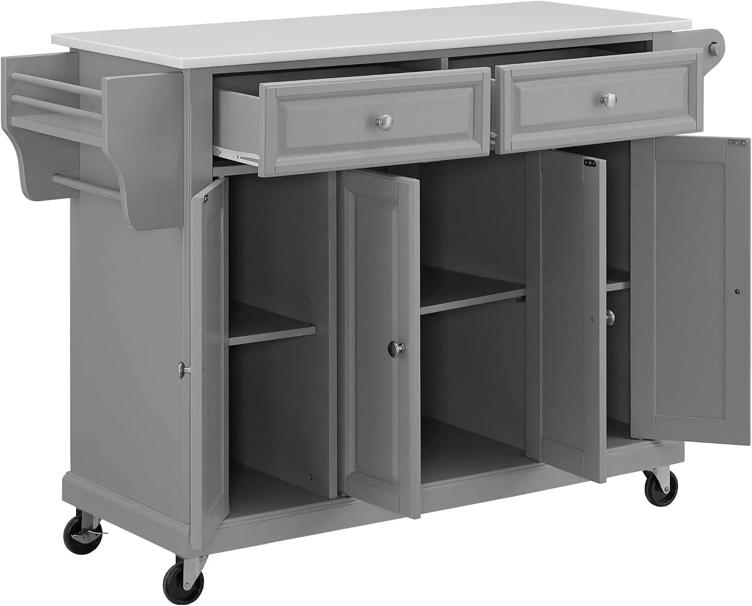 Crosley Furniture Full Size Stone Top Rolling Kitchen Island Storage Cart, Microwave Stand, Spice Rack, Gray