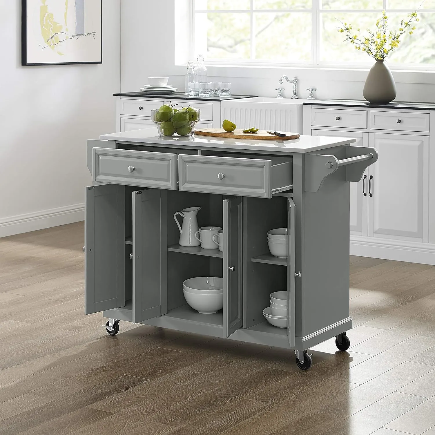 Crosley Furniture Full Size Stone Top Rolling Kitchen Island Storage Cart, Microwave Stand, Spice Rack, Gray