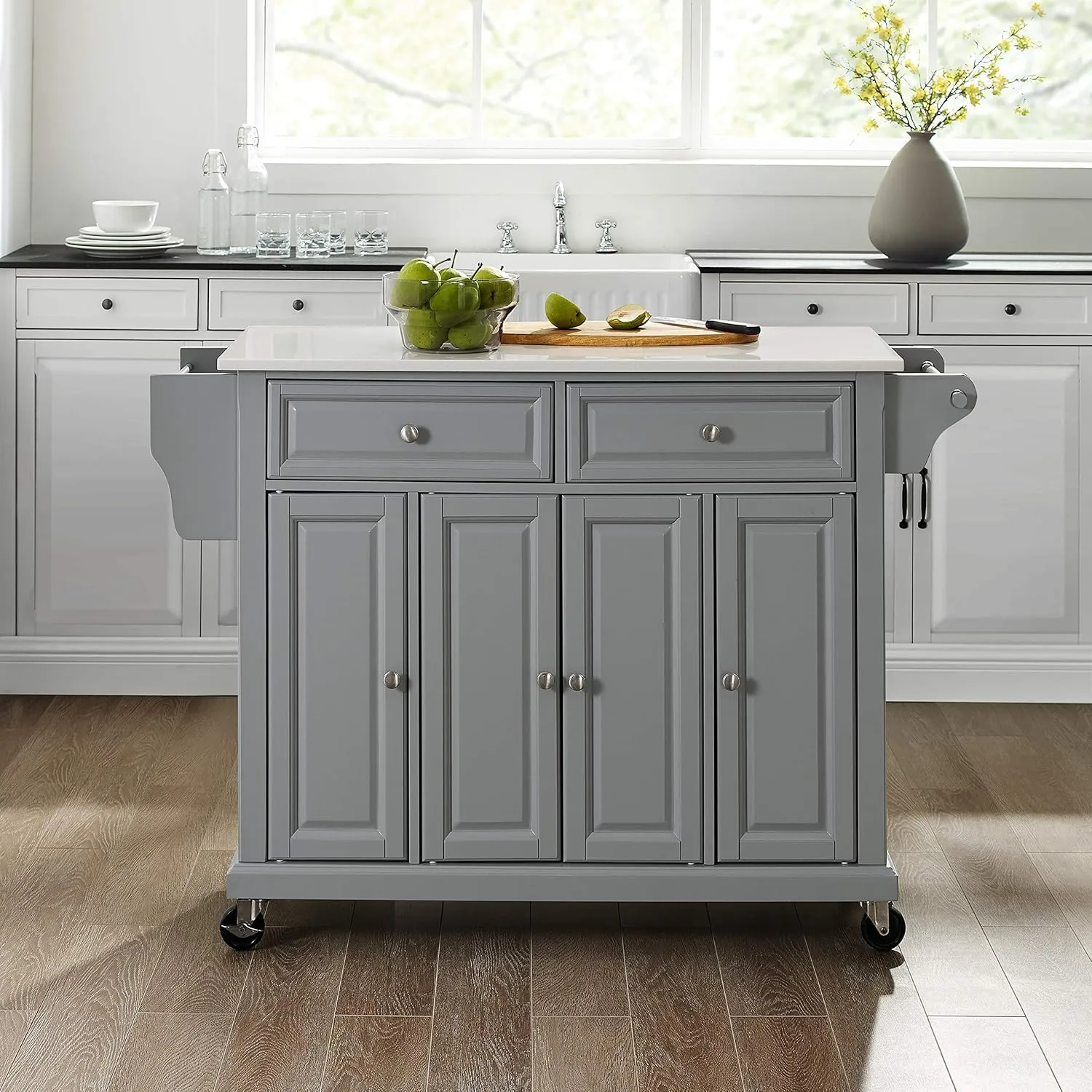 Crosley Furniture Full Size Stone Top Rolling Kitchen Island Storage Cart, Microwave Stand, Spice Rack, Gray