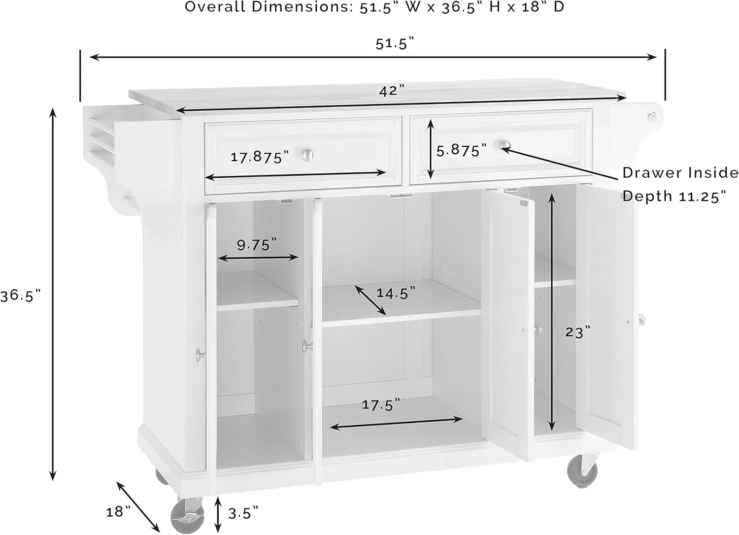 Crosley Furniture Full Size Stone Top Rolling Kitchen Island Storage Cart, Microwave Stand, Spice Rack, White