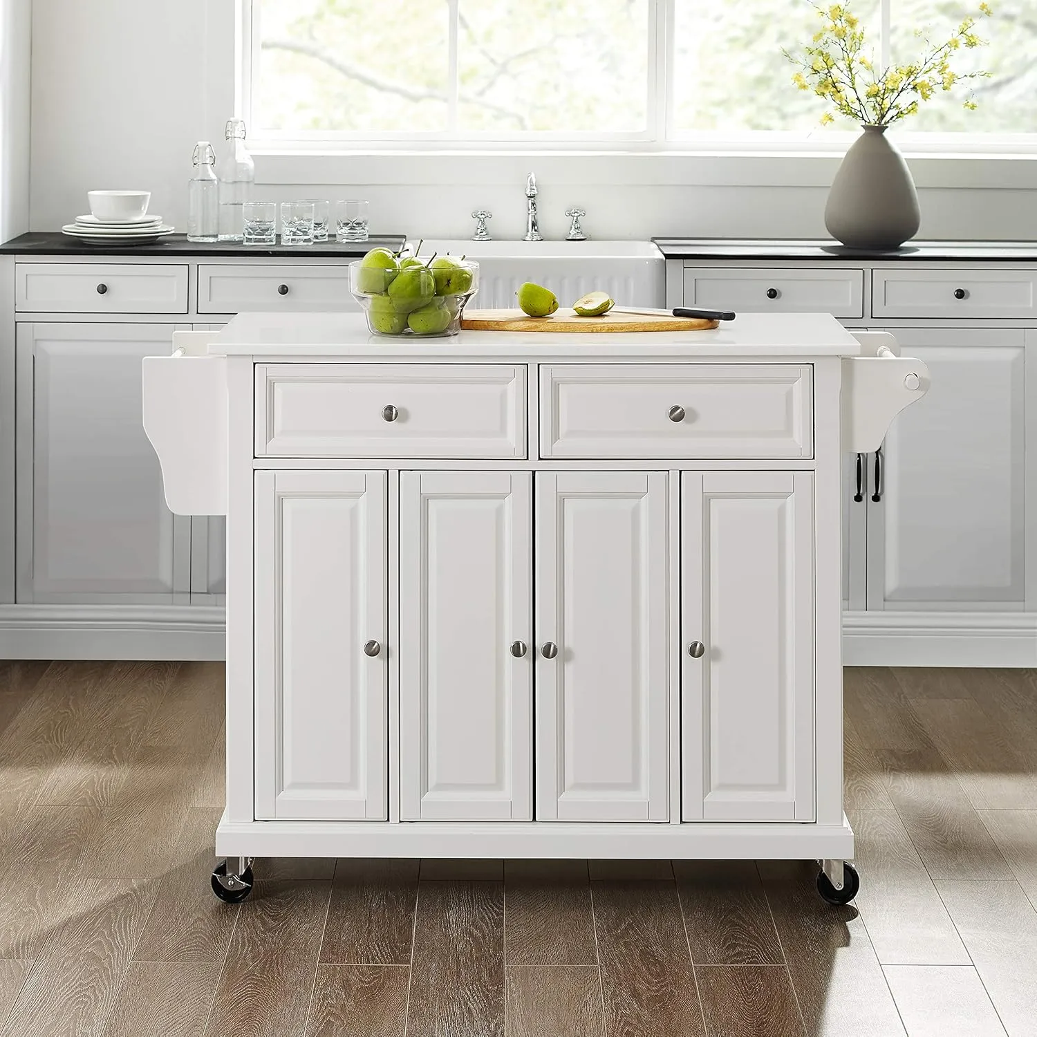 Crosley Furniture Full Size Stone Top Rolling Kitchen Island Storage Cart, Microwave Stand, Spice Rack, White