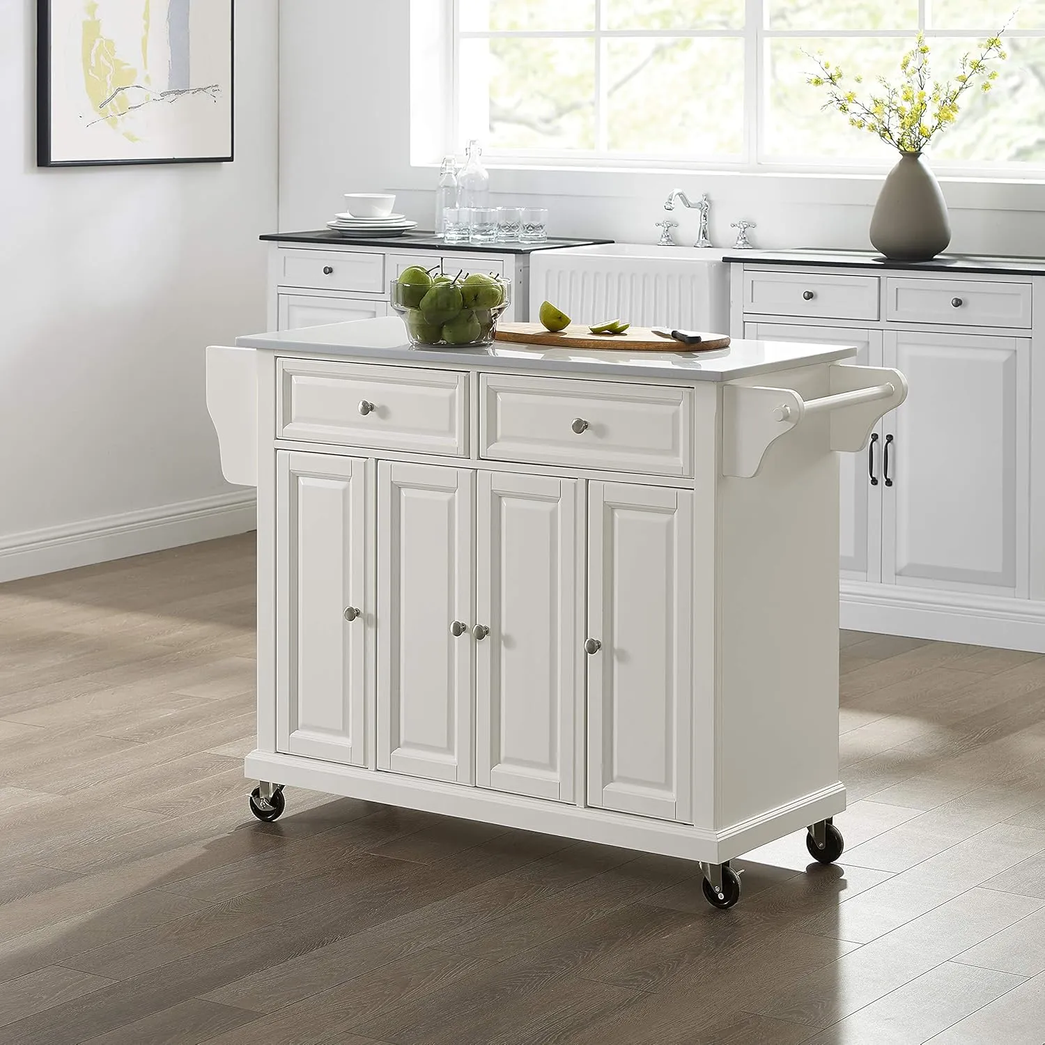 Crosley Furniture Full Size Stone Top Rolling Kitchen Island Storage Cart, Microwave Stand, Spice Rack, White