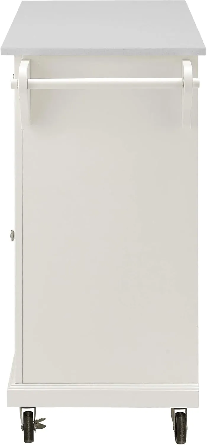Crosley Furniture Full Size Stone Top Rolling Kitchen Island Storage Cart, Microwave Stand, Spice Rack, White
