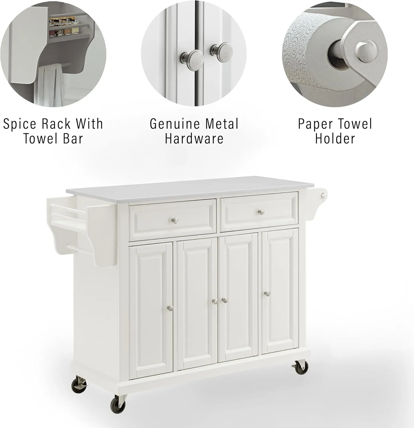 Crosley Furniture Full Size Stone Top Rolling Kitchen Island Storage Cart, Microwave Stand, Spice Rack, White
